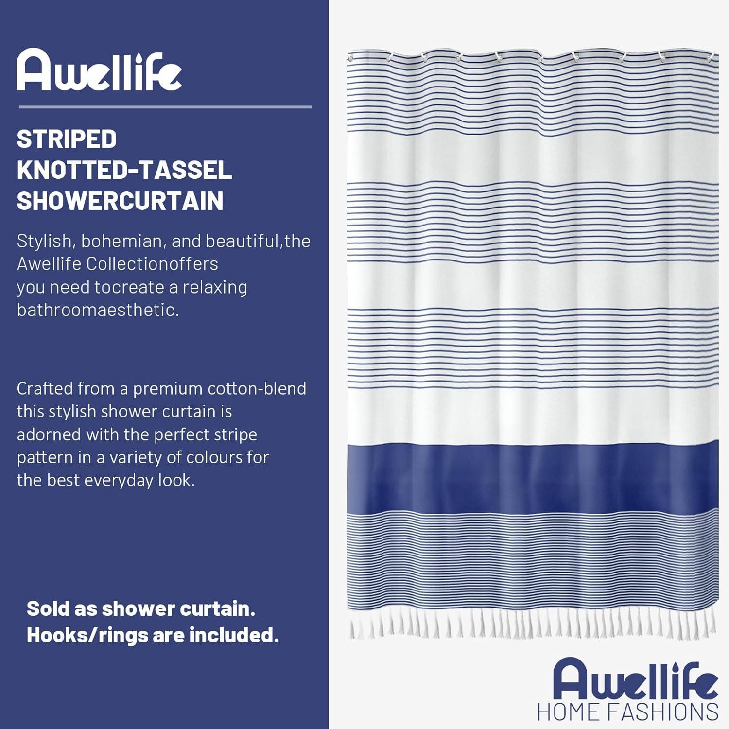 bufftieo Navy Blue and White Shower Curtain for Bathroom Boho Striped Fabric Modern Farmhouse Tassel Shower Curtain Sets - 72" x 72"