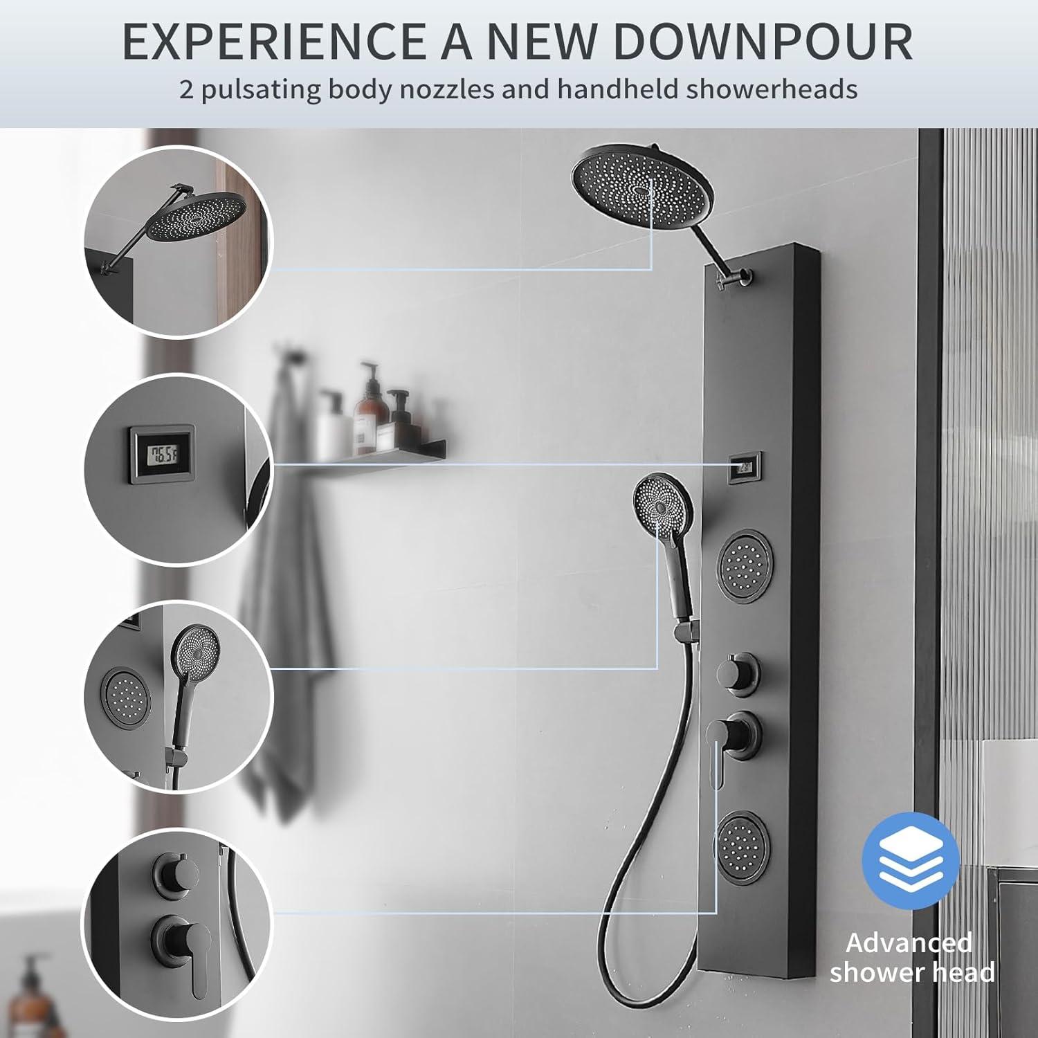 BWE 2-Spray Rain Shower Tower Shower Panel System with Rainfall Shower Head and Shower Rod