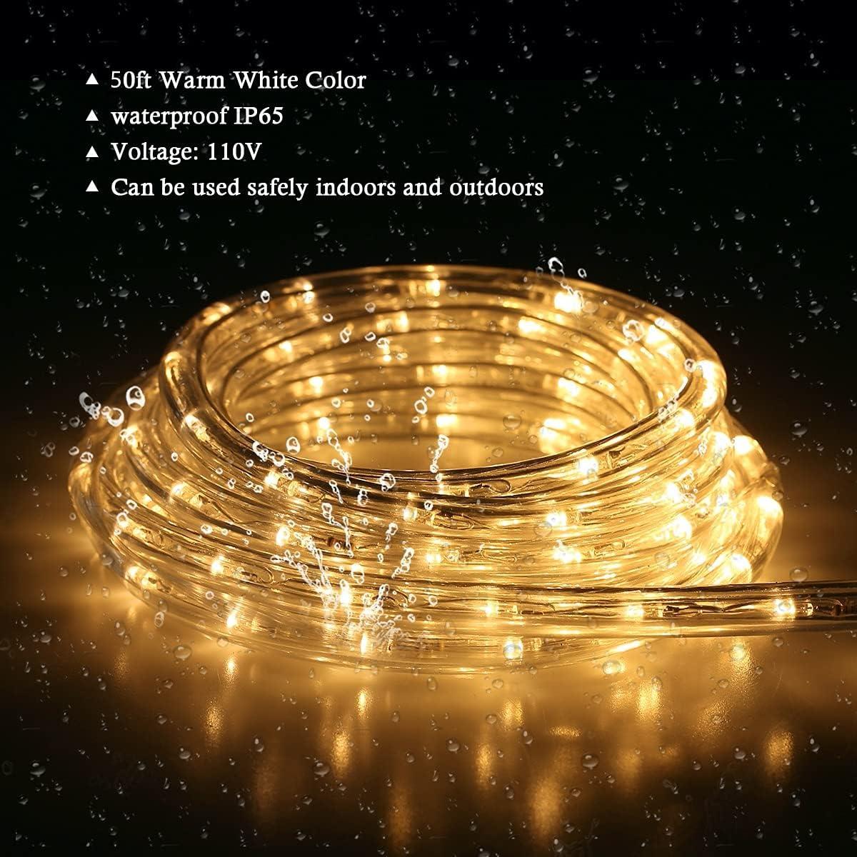 50Ft Led Rope Lights Outdoor, LED Strip Lights Outdoor Waterproof Decorative Lighting for Indoor/Outdoor, Deck, Eaves, Backyards Garden, Stairs Balcony Christmas Decoration(Warm White)