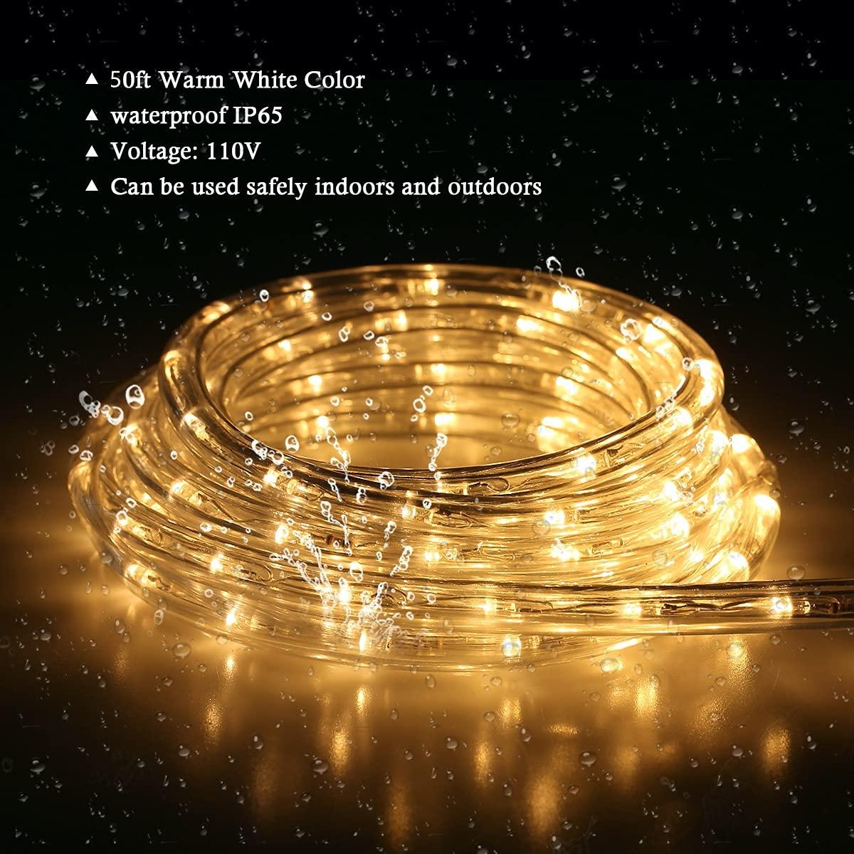 50Ft Led Rope Lights Outdoor, LED Strip Lights Outdoor Waterproof Decorative Lighting for Indoor/Outdoor, Deck, Eaves, Backyards Garden, Stairs Balcony Christmas Decoration(Warm White)