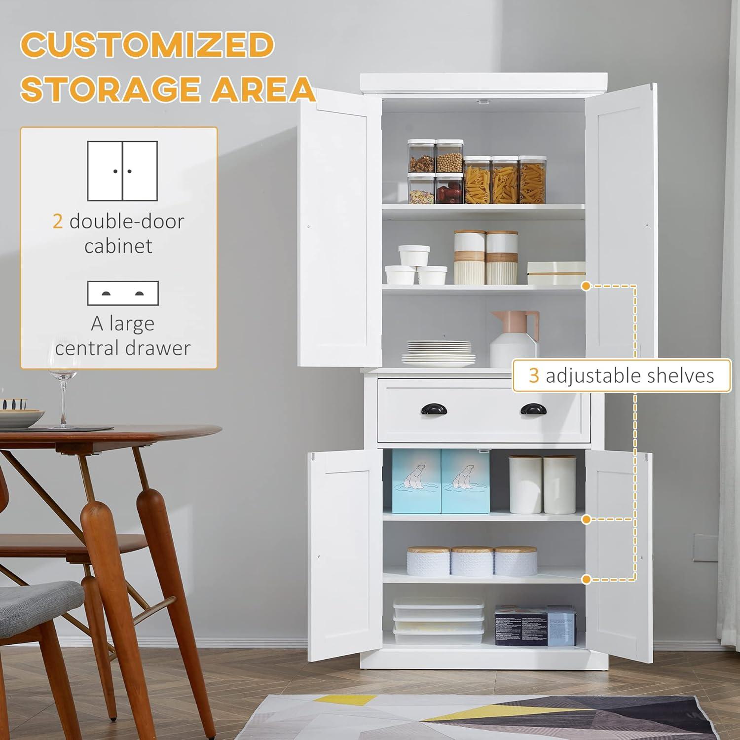 HOMCOM 72.5" Traditional Freestanding Kitchen Pantry Cupboard with 2 Cabinet, Drawer and Adjustable Shelves, White