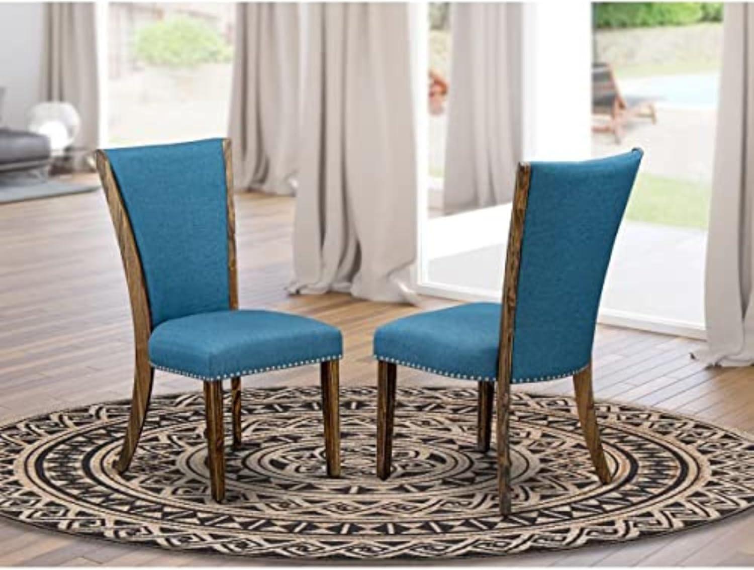 Verona Distressed Jacobean Wood Frame Dining Chair with Blue Linen Fabric Seat with Nail Head & Stylish Back - Set of 2