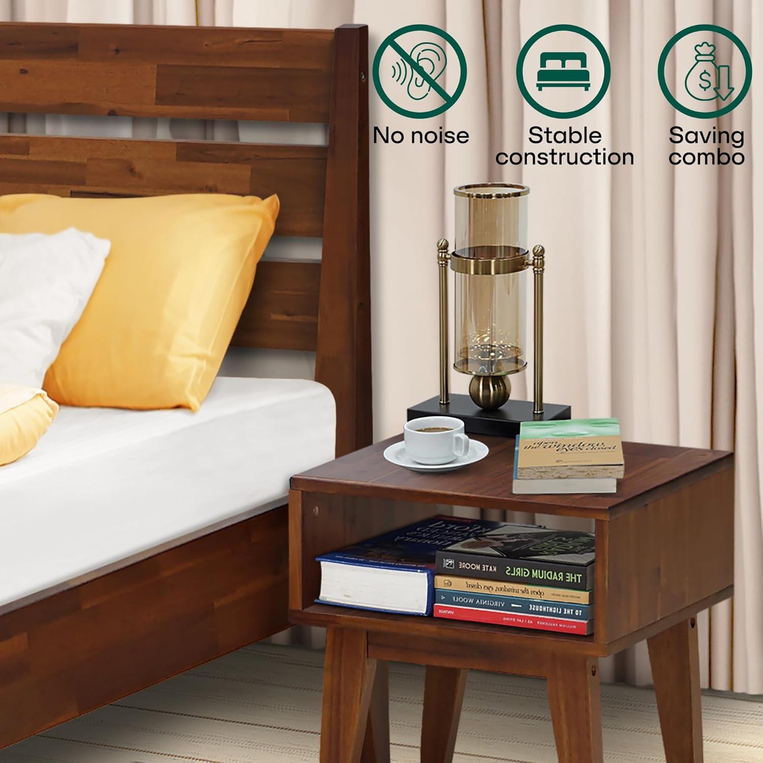 Acacia Emery 2-Pcs Bedroom Set – Solid Wood Platform Bed Frame & Matching Nightstand, Mid-Century Modern Farmhouse, 800 lbs Capacity, No Box Spring Needed