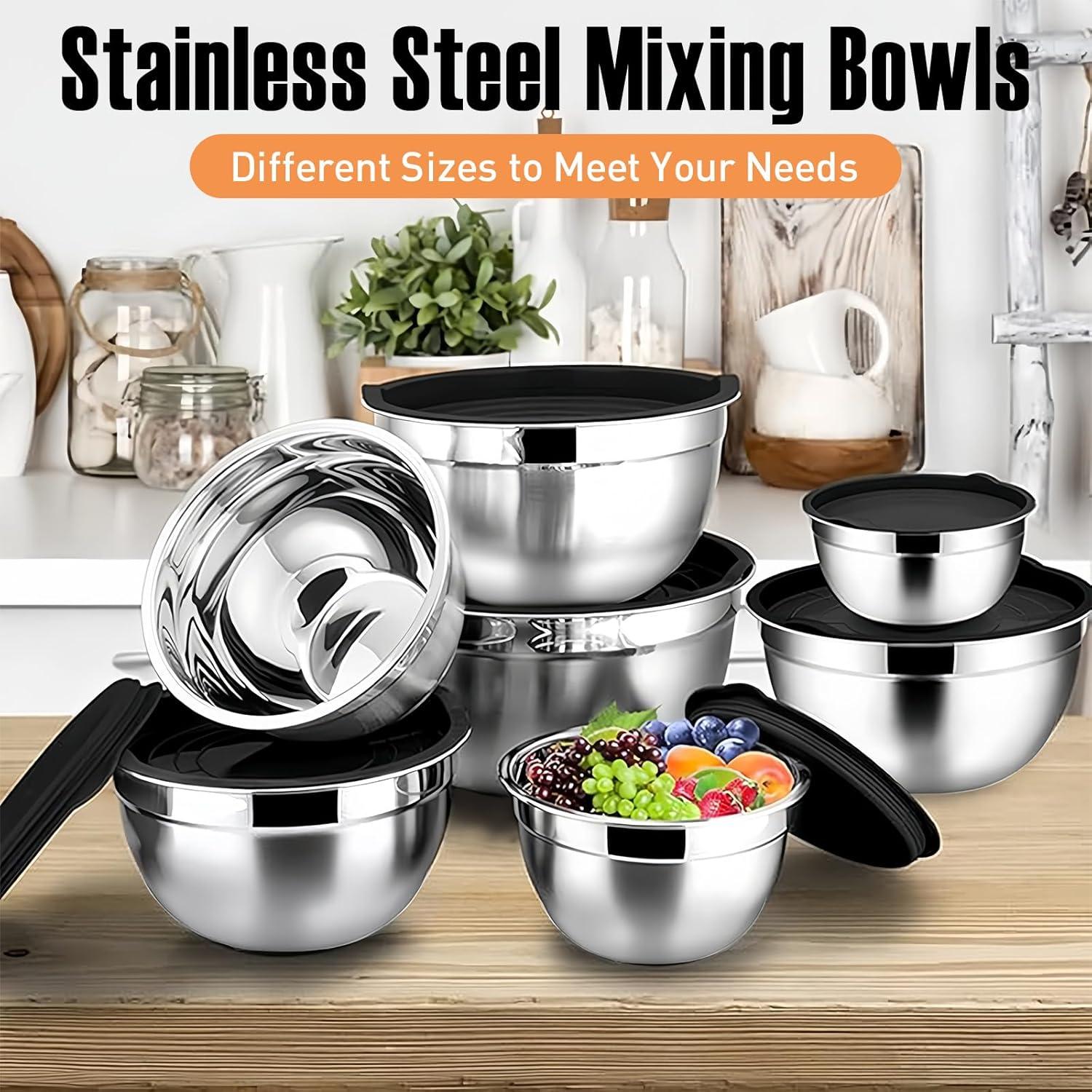 6-Piece Black Stainless Steel Mixing Bowl Set with Lids and Graters
