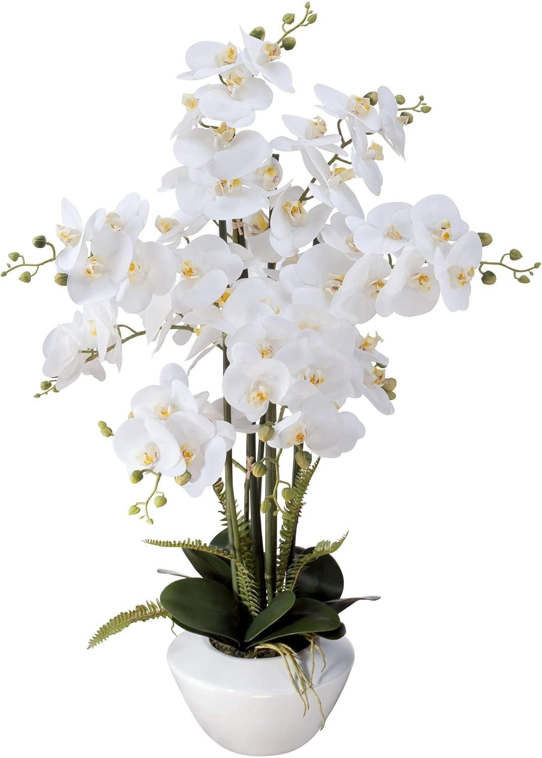 Dahlia Studios Potted Faux Artificial Flowers Realistic White Phalaenopsis Orchid in White Ceramic Pot Home Decoration 29" High