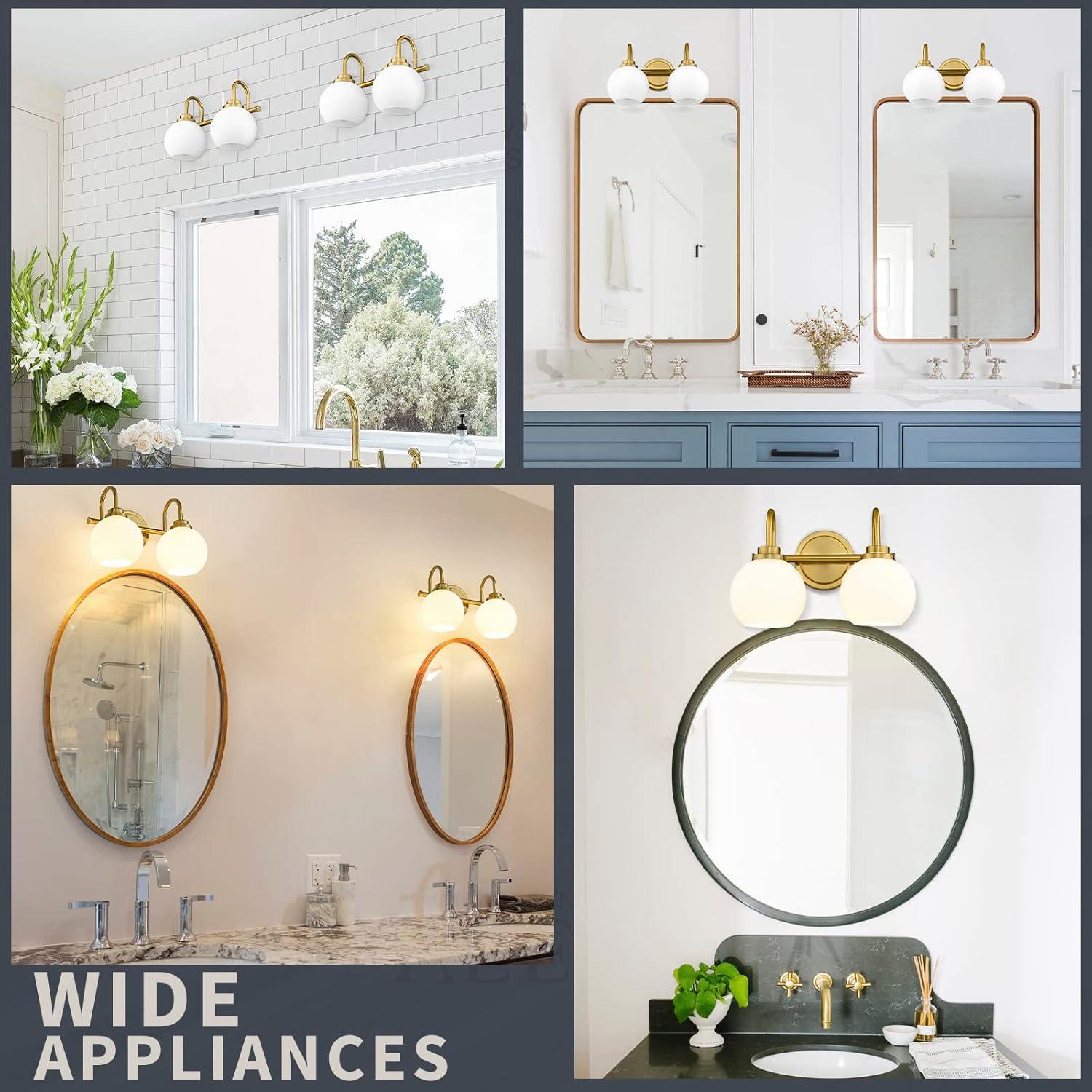 14.17 in. 2-Light Gold Vanity Light with Milk White Glass Shade, Suitable for Bathrooms Dining Room Powder Rooms