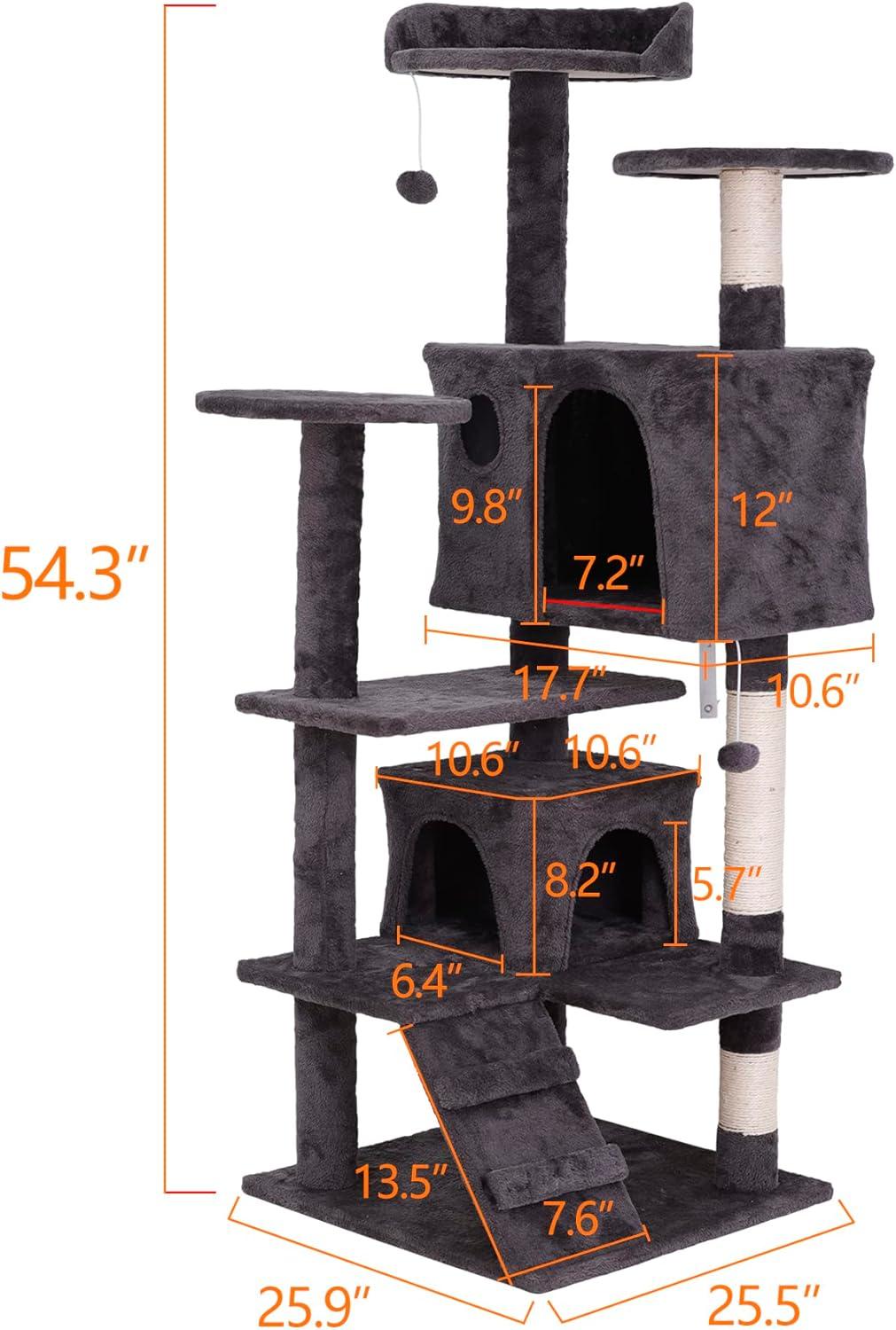 53 Inches Multi-Level Cat Tree Furniture Kitten Activity Play House Bed Pet Kitty Climbing Tower with Scratching Posts/Plush Perch/Scratcher Ladder/Tunnel for Cats,Kittens,Pets (Grey)