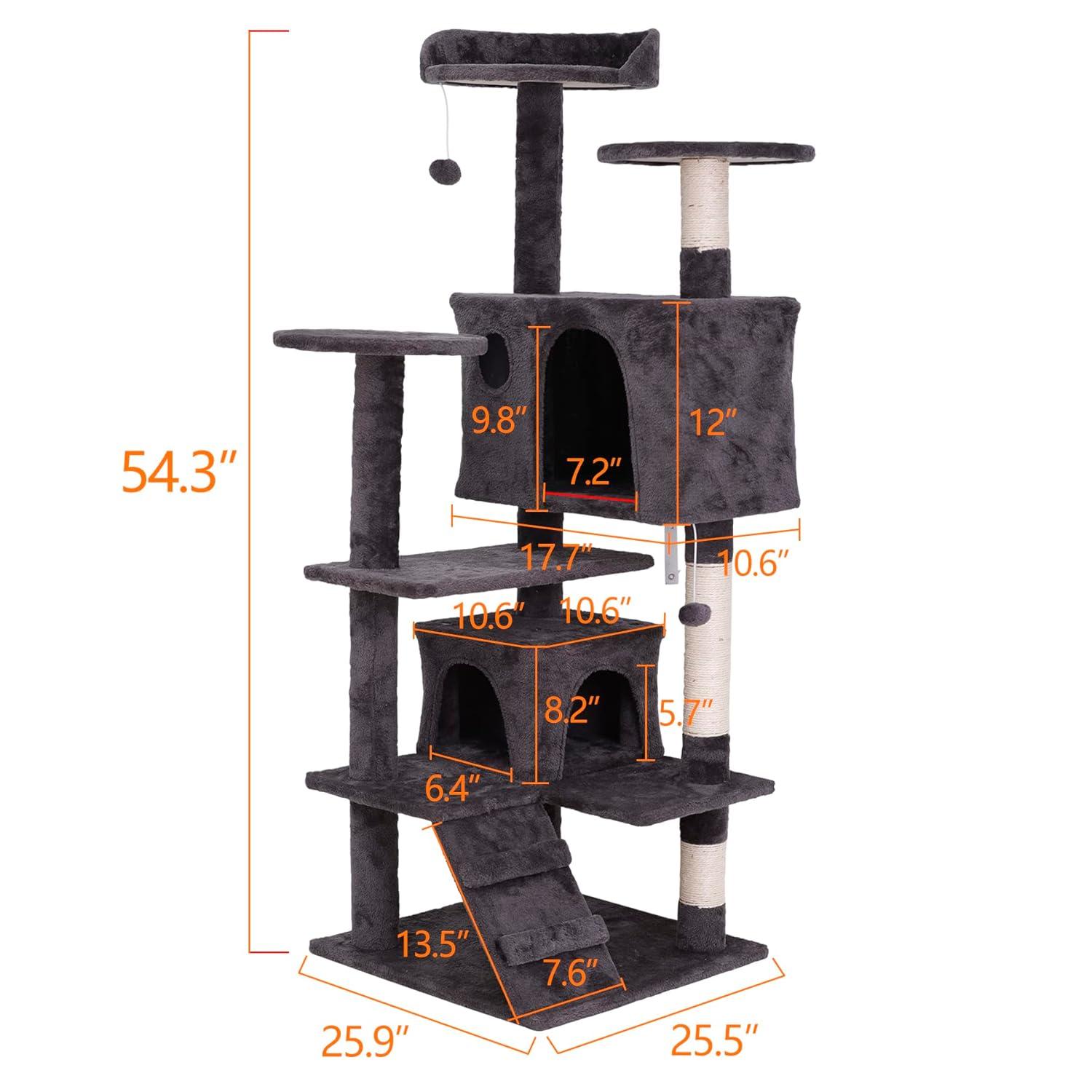 53 Inches Multi-Level Cat Tree Furniture Kitten Activity Play House Bed Pet Kitty Climbing Tower with Scratching Posts/Plush Perch/Scratcher Ladder/Tunnel for Cats,Kittens,Pets (Grey)