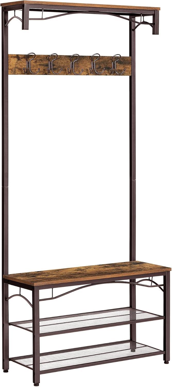 Industrial Coat Rack Stand, Shoe Rack Bench with Grid Memo Board, 9 Hooks and Storage Shelves, Hall Tree with Stable Metal Frame, Rustic Brown UHSR46BX