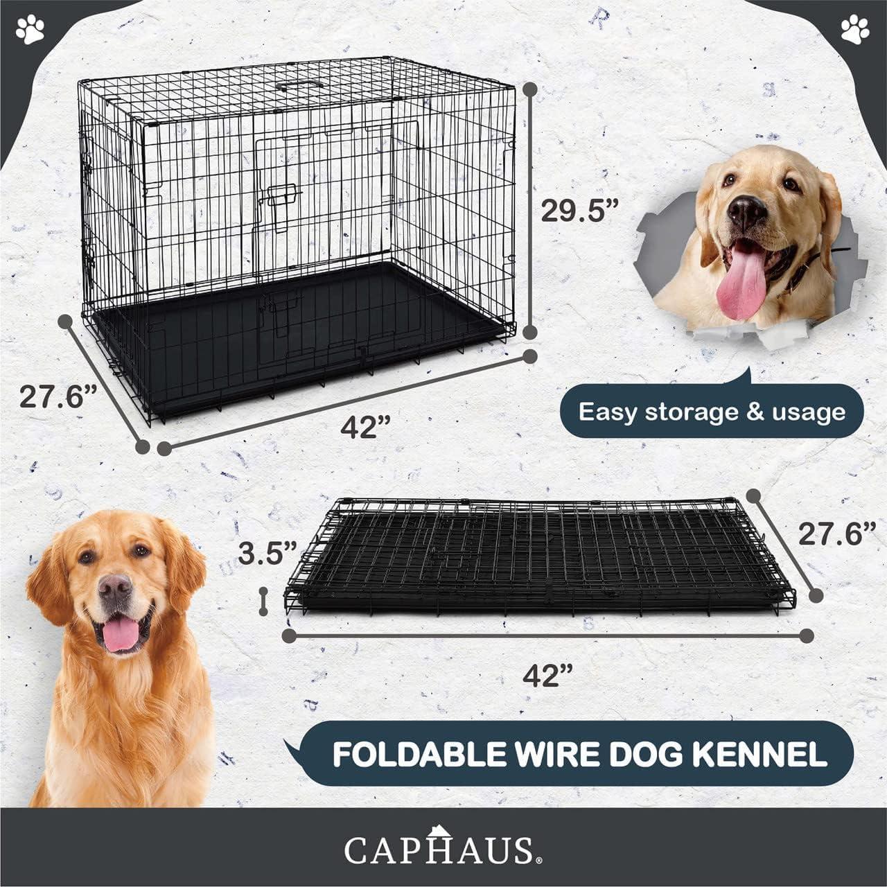 CAPHAUS Foldable Dog Crate Kennel w/Leak-Proof Pan & Divider Panel, Metal Crate, Small, Medium & Large Dog Crate Indoor Wire Cage, 42' w/Double Doors, Black
