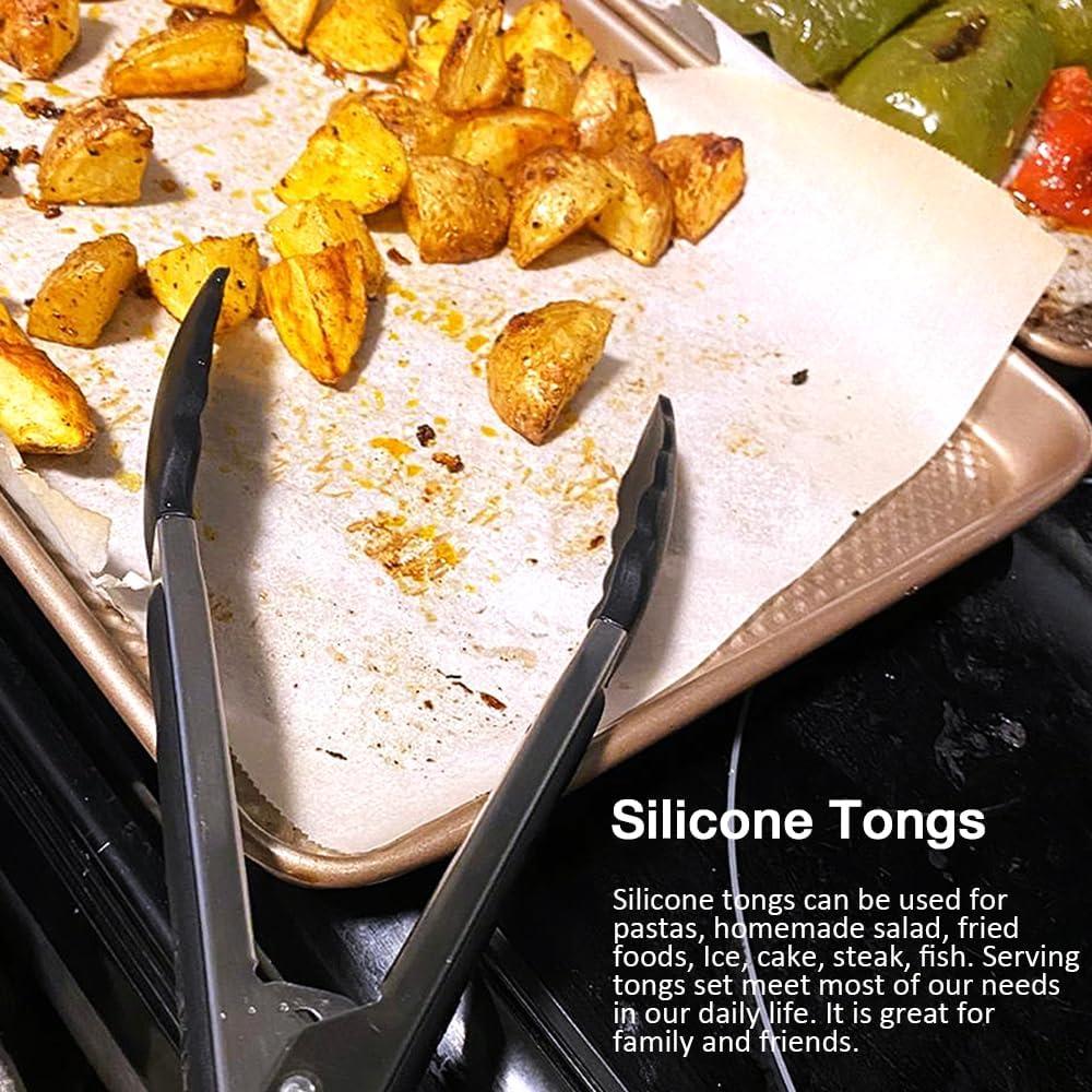 9 Inch Small Kitchen Tongs Set of 3, Silicone Cooking Tongs with Silicone Tips and Stainless Steel Handle, Tongs for Cooking, Serving