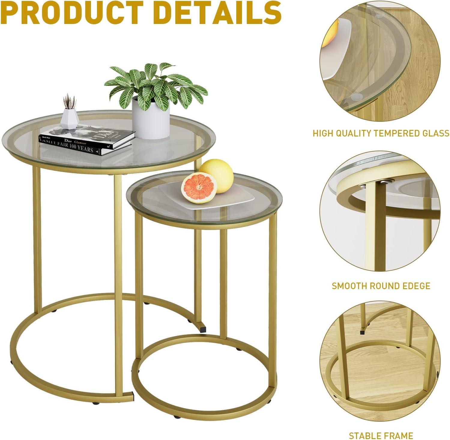 Gold Glass Round Nesting Coffee Table Set with Metal Frame