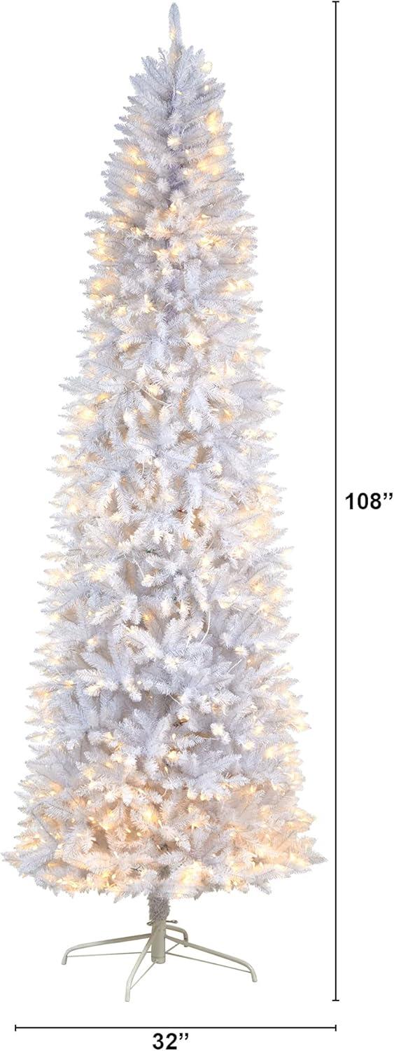 Nearly Natural 9-ft Slim White Artificial Christmas Tree with 600 Warm White LED Lights and 1860 Bendable Branches