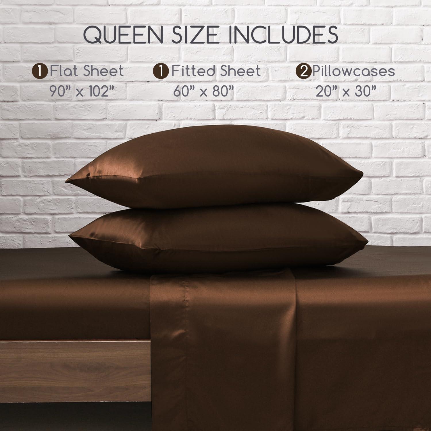 MR&HM Satin Sheet Set Queen 4 Pcs, Silky Elegant Luxurious Queen Size Bed Sheets, with Flat Sheet, Deep Pocket Fitted Sheet for Mattress and Matching Satin Pillow Cases (Queen Size, Brown)