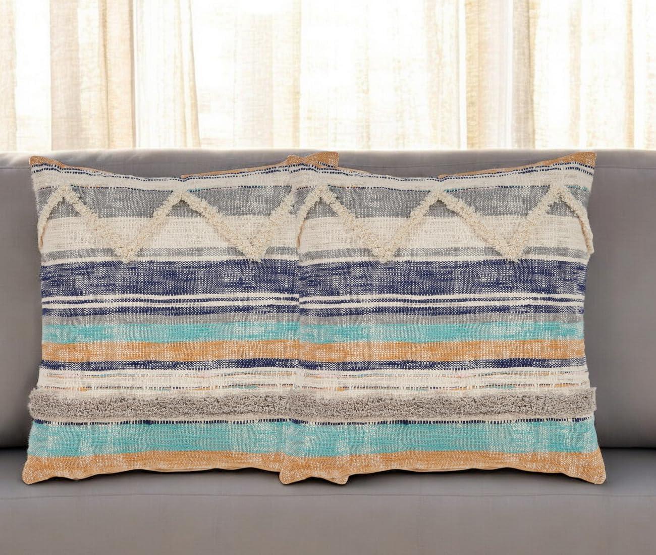 HomeRoots 18" X 18" Beige Blue And Gray Geometric Cotton Zippered Pillow