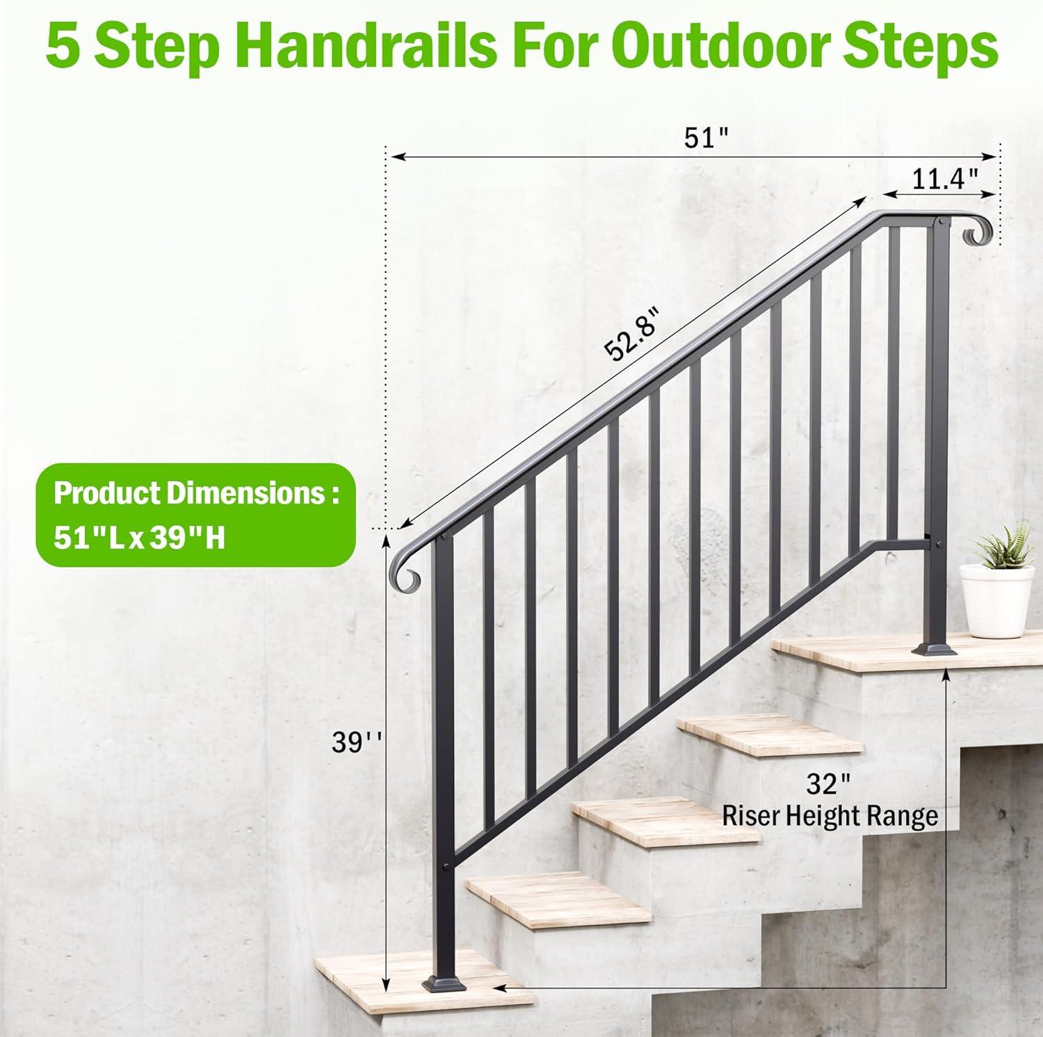 HLL Handrails for Outdoor Steps, Black Wrought Iron Handrail Fits 4 or 5 Steps, Transitional Handrail with Installation Kit, Stair Railing for Concrete Steps or Wooden Stairs