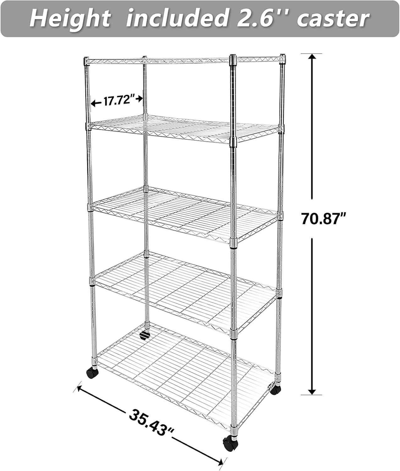YSSOA Heavy Duty 5-Shelf Storage Shelves, 1750Lb Loading Capacity, 35.43" W x 17.72" D x 70.87" H Adjustable Shelving Unit with Wheels, Chrome, 1 Pack