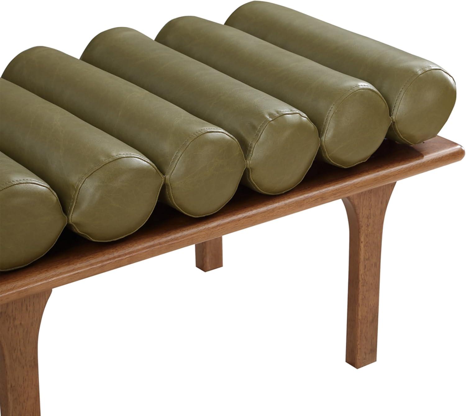 Olive Green Vegan Leather and Walnut Art Deco Bench