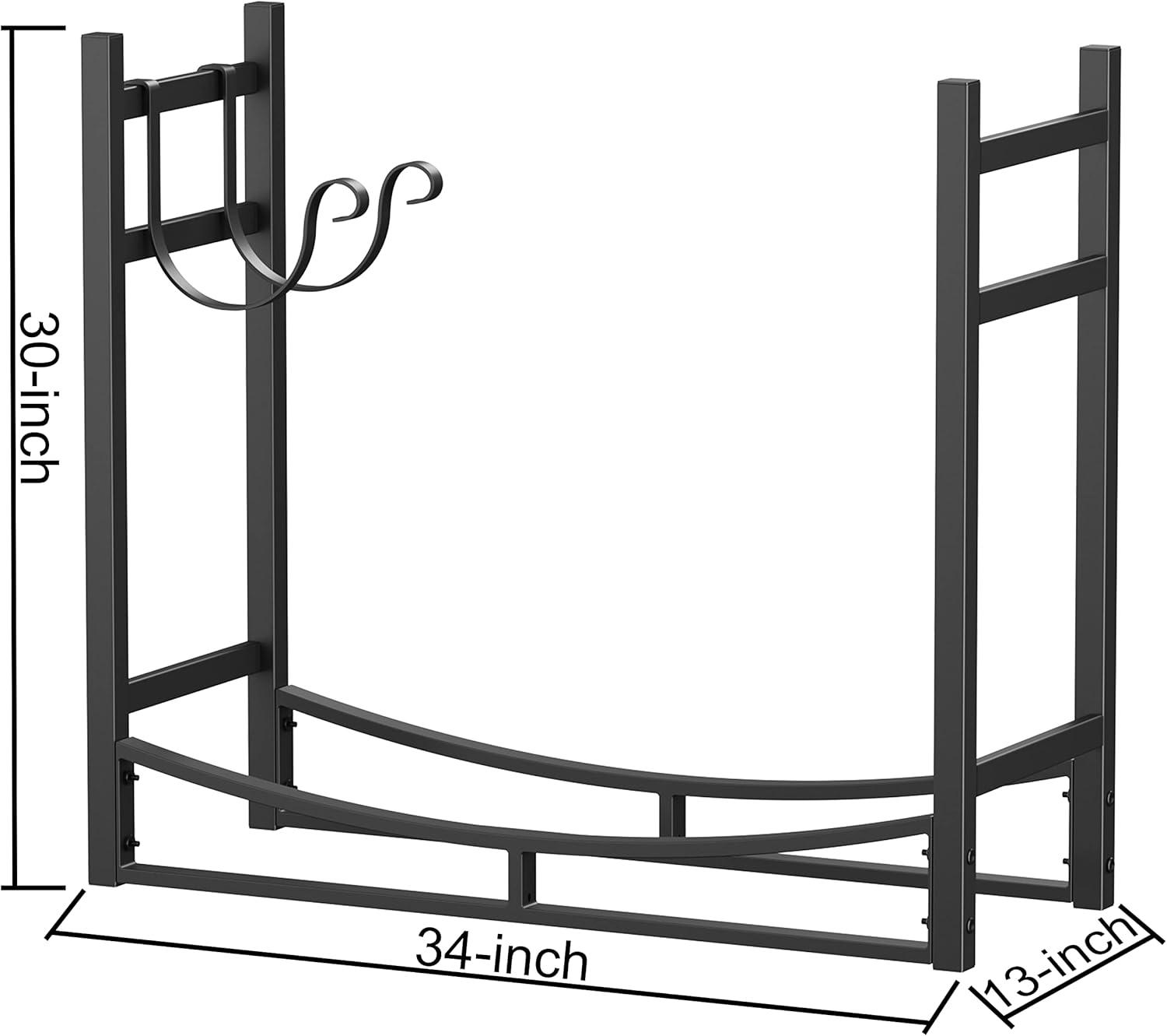 Black Steel Fireplace Log Rack with Kindling Holder and Tools