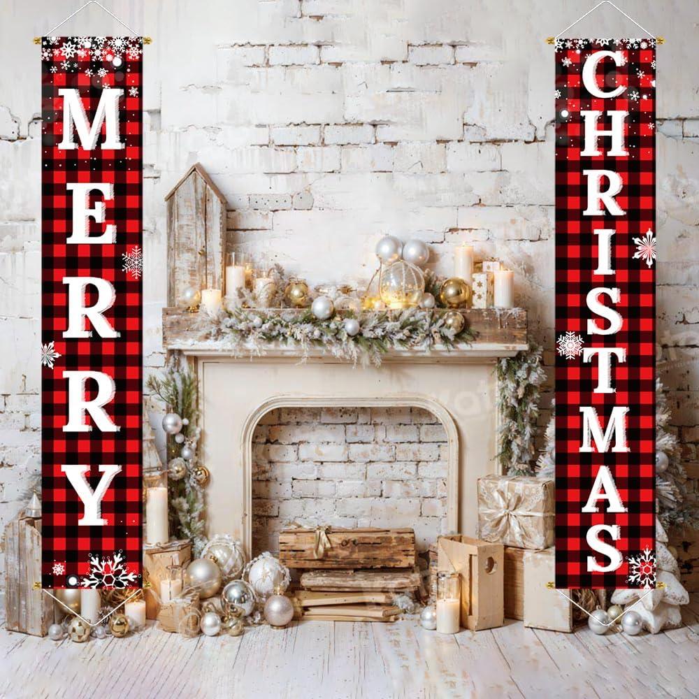 Christmas Decorations Outdoor Yard Front Porch Sign Set, Red Black Buffalo Plaid Door Banner, Hanging Merry Christmas Decorations for Home, Indoor Outdoor Xmas Decor Wall Front Door Yard Garage