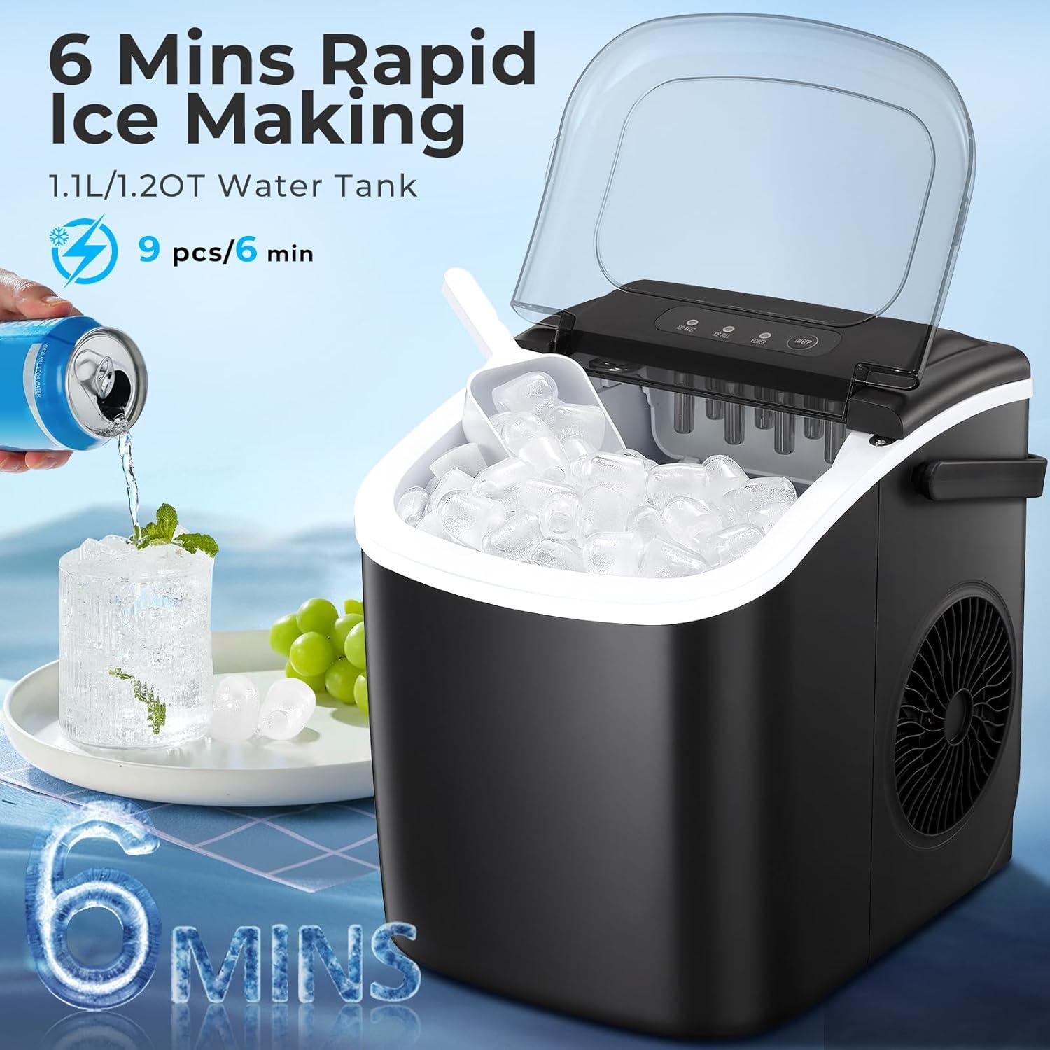 R.W.FLAME Ice Makers Countertop with Handle,26.5Lbs/24H,9 Cubes in 6 Mins,2 Sizes of Bullet Ice,Portable Ice Maker Machine with Self-Cleaning, green