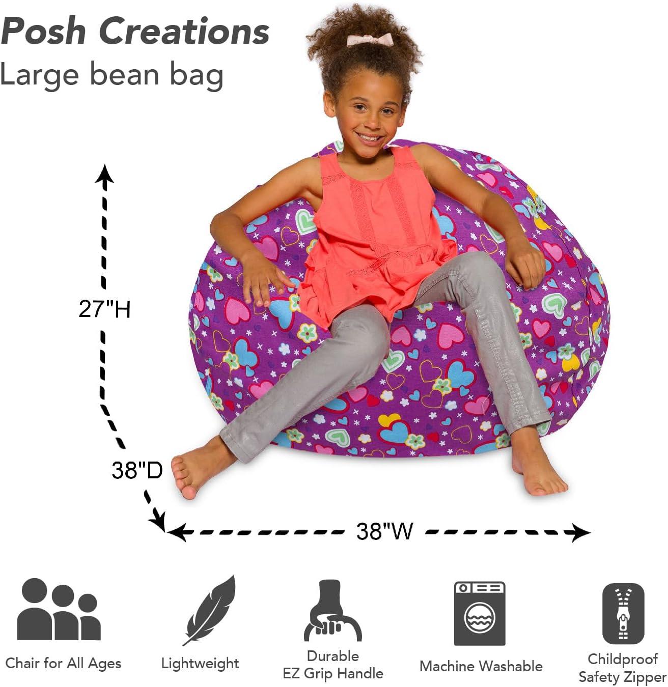 Large Purple Canvas Bean Bag Chair with Multicolor Hearts