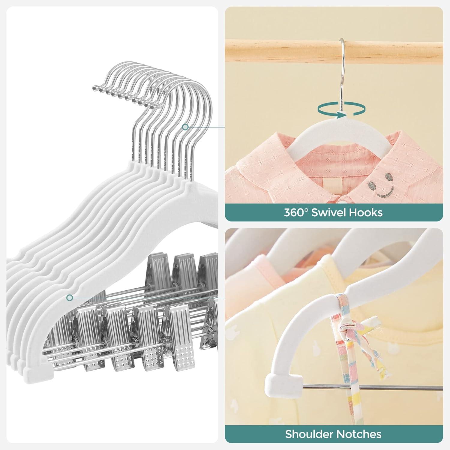 SONGMICS 30 Packs Baby Pants Hangers with Clips, Kids Hangers with 6 Clothes Dividers, Non-Slip Children’s Clothes Hanger, White UCRF013W30