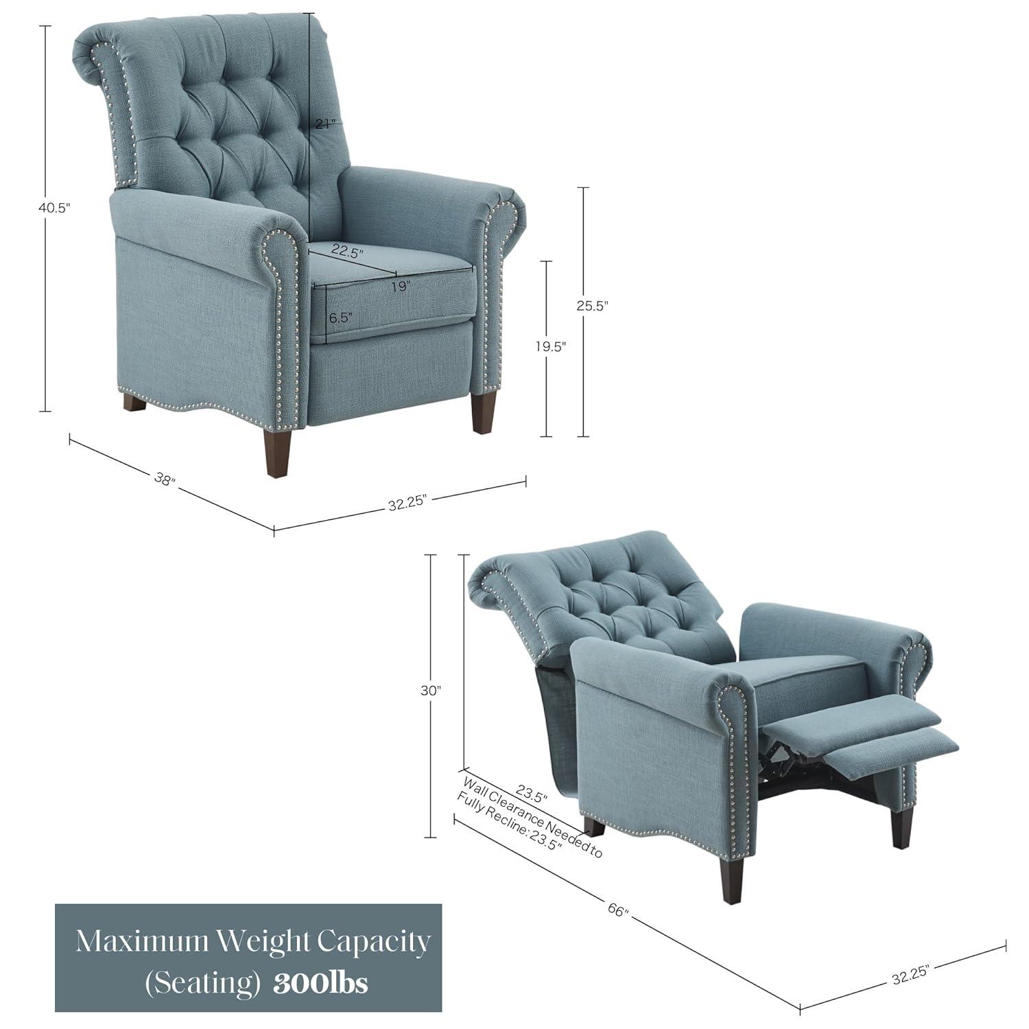 Zak Recliner Blue: Madison Park, Polyester & Linen Upholstery, Wood Frame, Foam Fill, Spot Clean