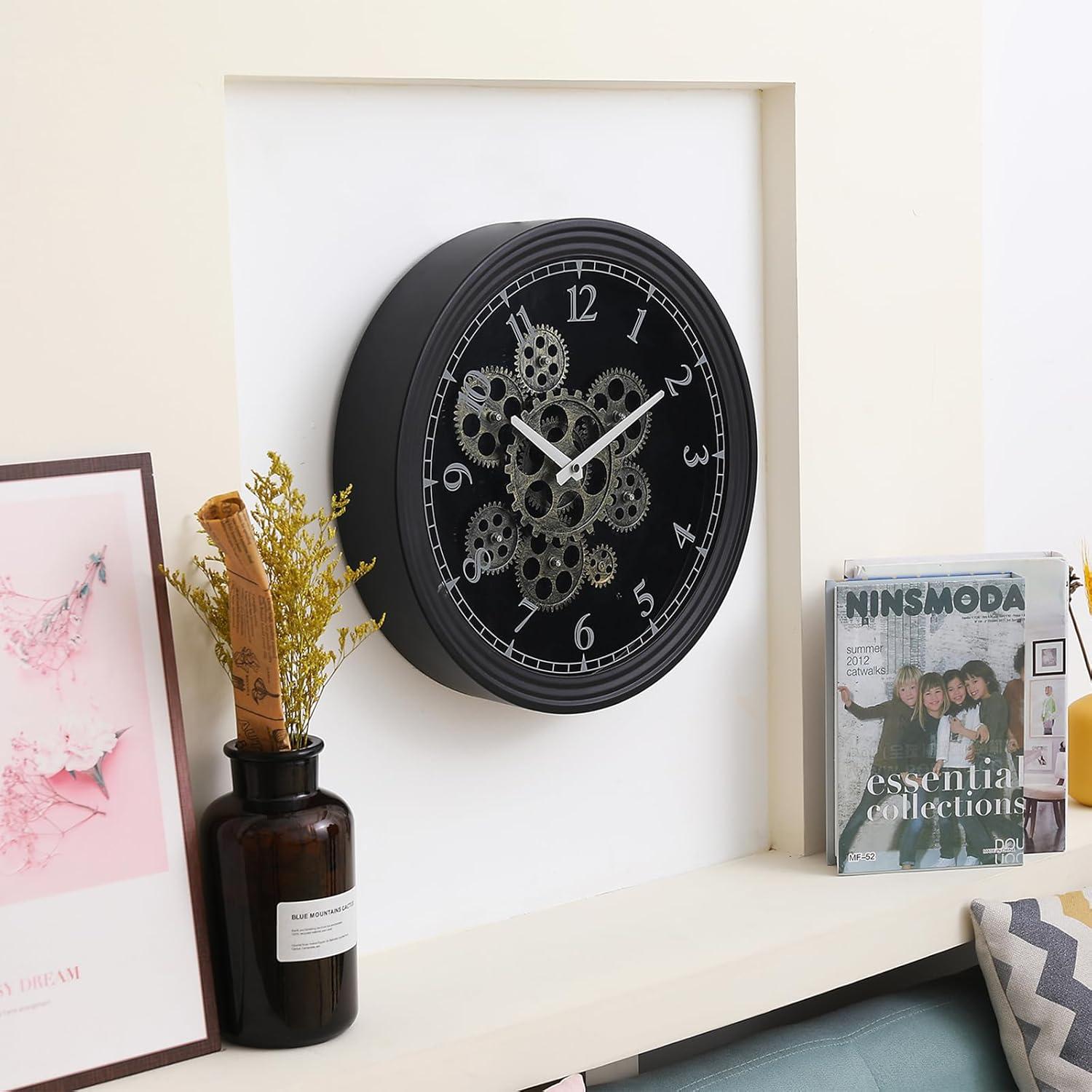 15'' Black and Gold Metal Steampunk Gear Wall Clock