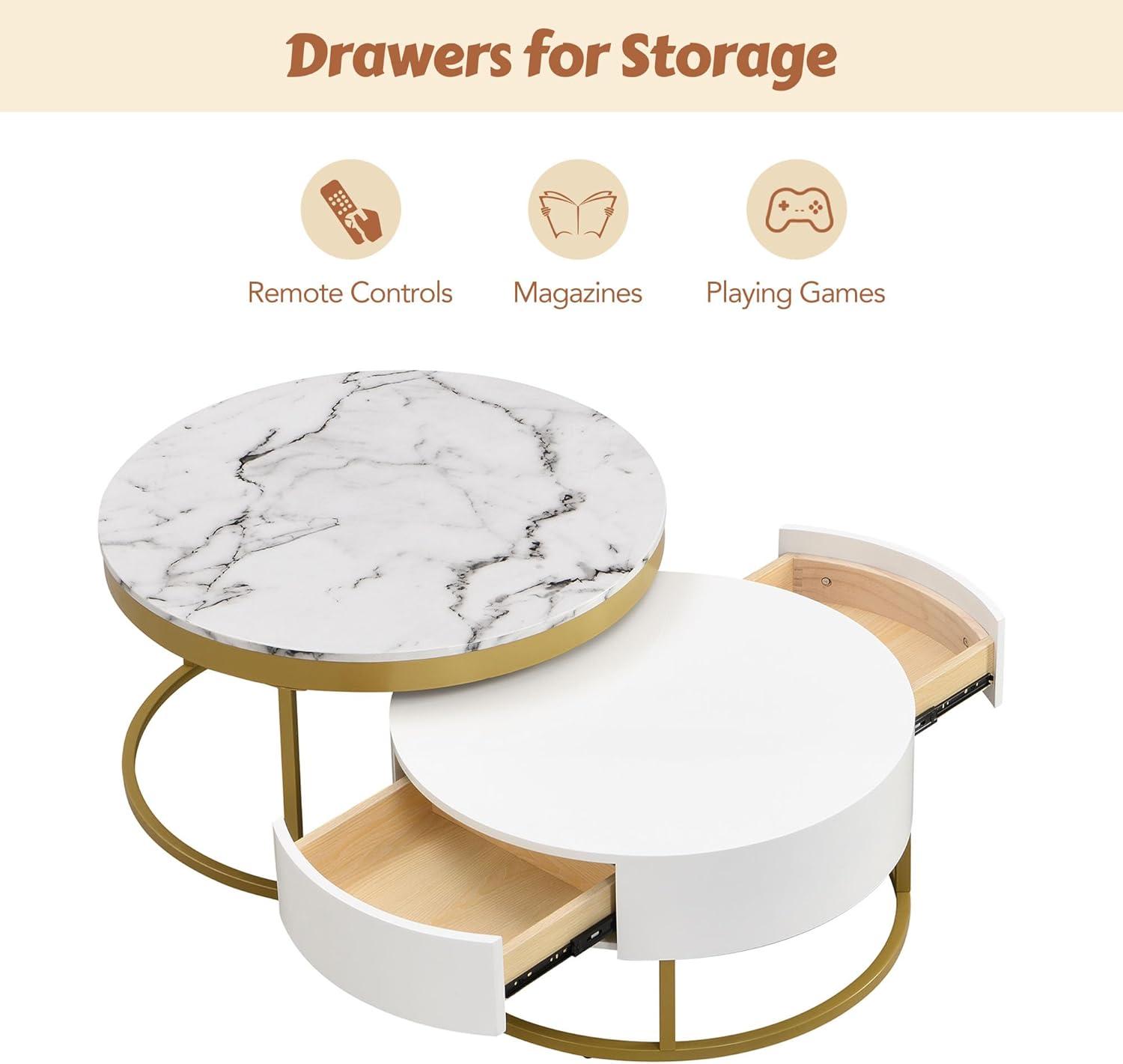 Modern Round Nesting Coffee Table with Drawers in White