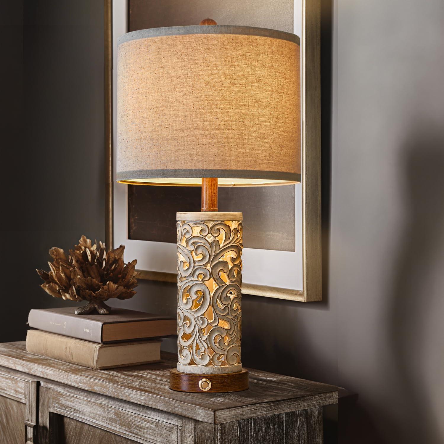 Ophelia & Co. 3-Way Dimmable 22'' Table Lamp Set Of 2 For Living Room Bedroom Farmhouse Vintage Retro Bedside Lamps Touch Control With USB Ports Linen Shade For Home Office (Wash, Bulb Included)