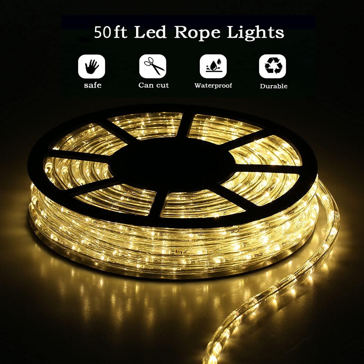 50Ft Led Rope Lights Outdoor, LED Strip Lights Outdoor Waterproof Decorative Lighting for Indoor/Outdoor, Deck, Eaves, Backyards Garden, Stairs Balcony Christmas Decoration(Warm White)