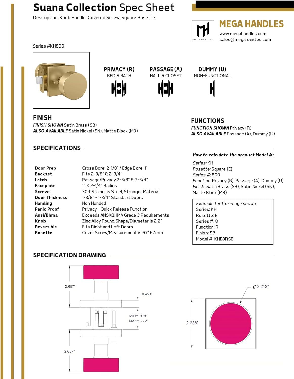 Mega Handles - SUANA Deadbolt I Entrance Deadbolt Lock - Heavy Duty Square Locking Deadbolt for Left or Right-Handed Doors - Interior/Exterior - Satin Nickel