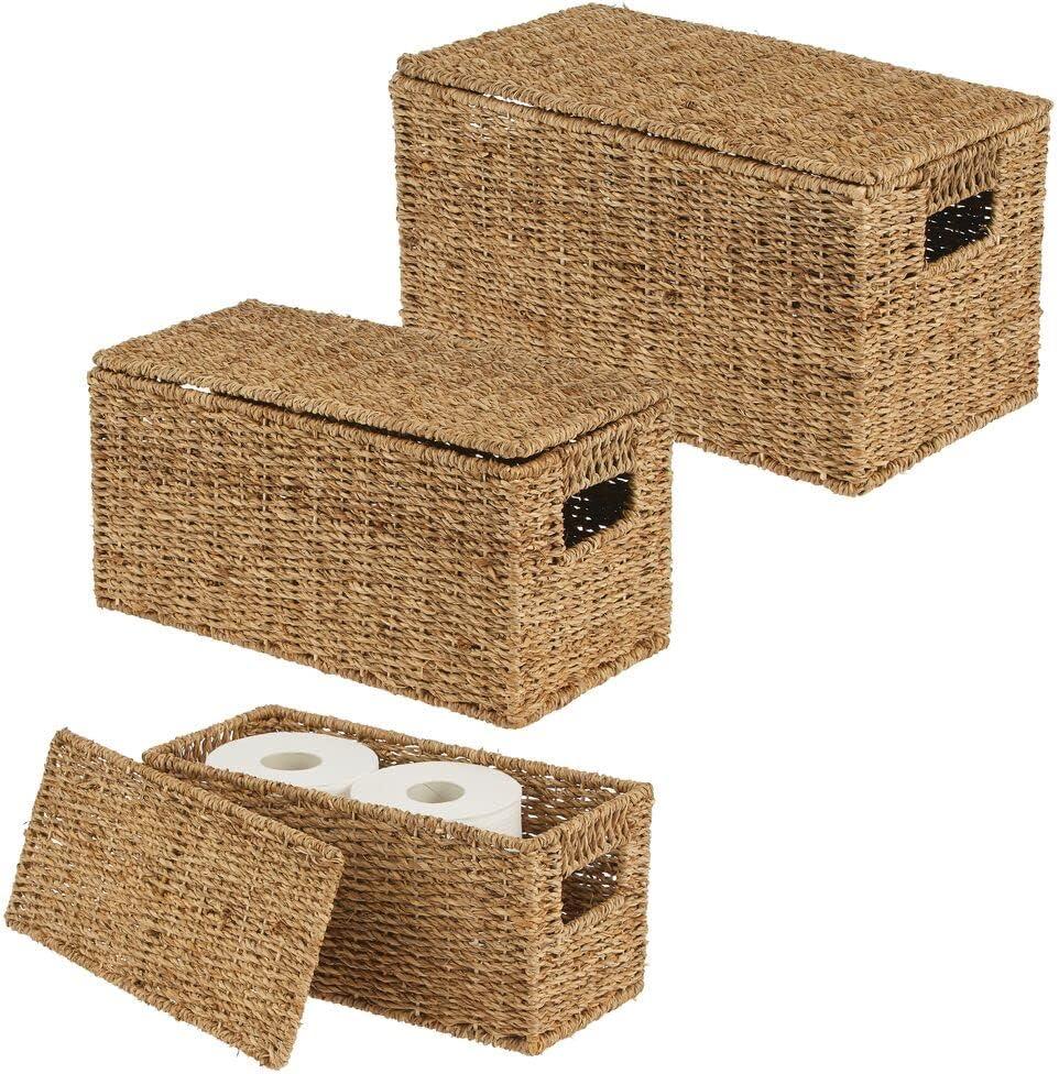 mDesign Woven Seagrass Home Storage Basket with Lid, Set of 3