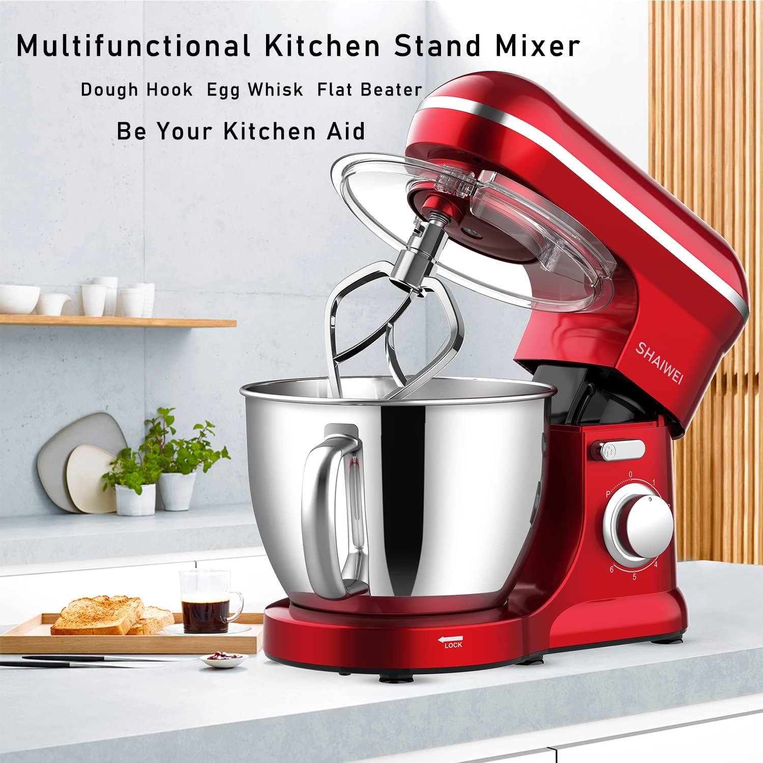 Honinst 6.5 qt Stand Mixer, Red with Dough Hook, Whisk, Beater, Bowl