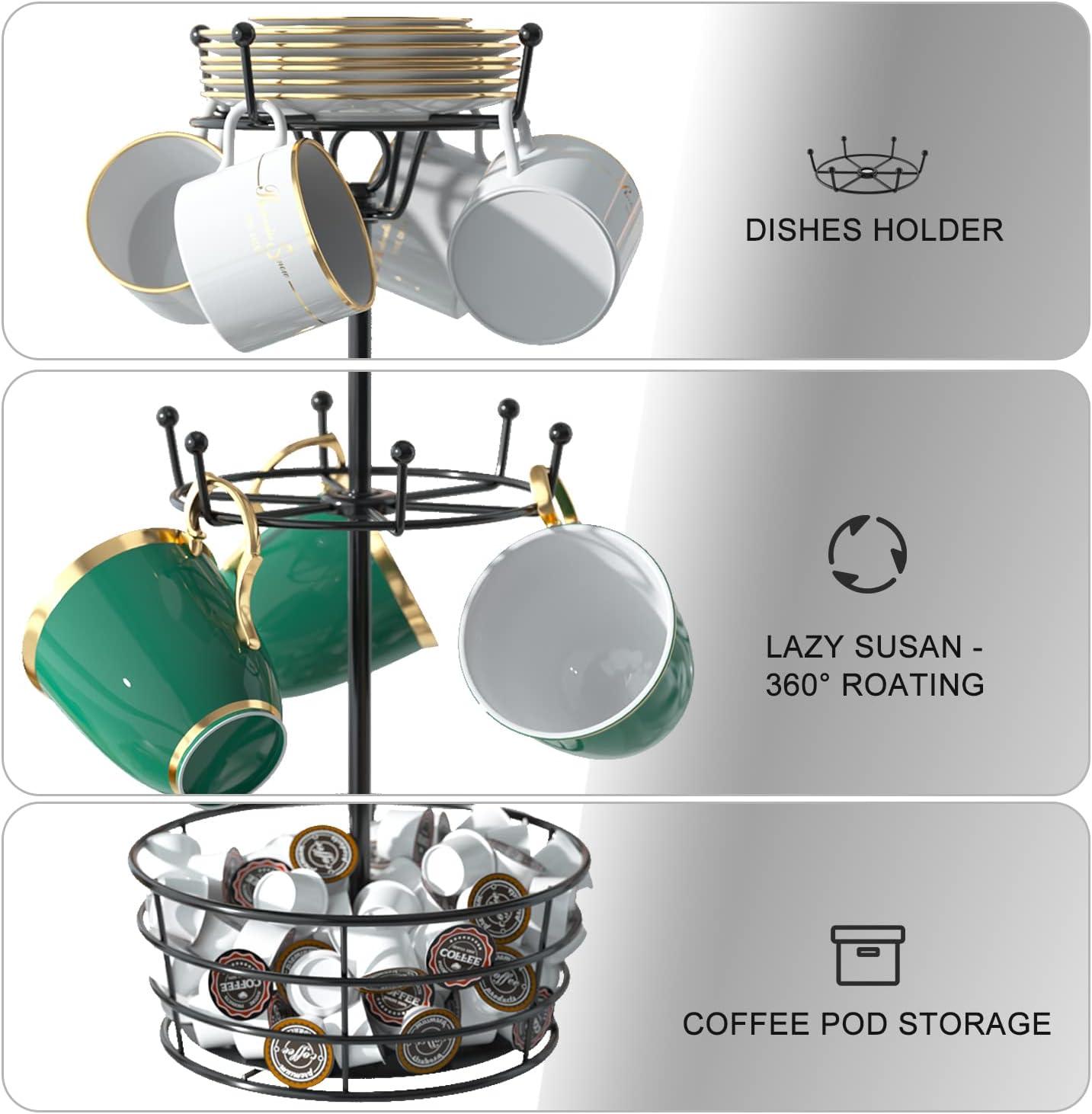 360° Rotating Coffee Mug Holder - Metal 3 Tier Mug Tree Rack Cup Holder for Countertop with 10 Hooks, Coffee Pods Holder for Bar Organizer Kitchen Counter - Black