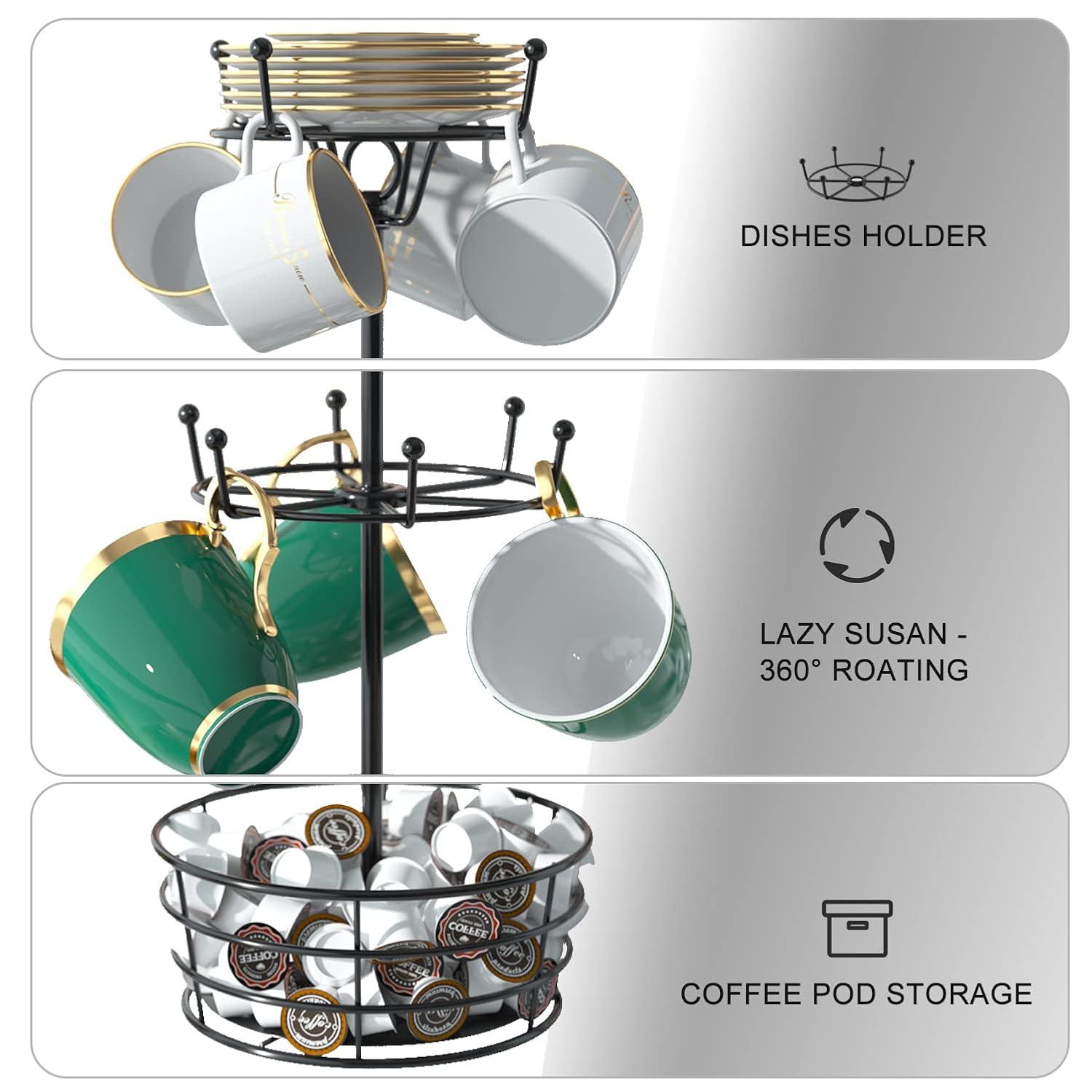 360° Rotating Coffee Mug Holder - Metal 3 Tier Mug Tree Rack Cup Holder for Countertop with 10 Hooks, Coffee Pods Holder for Bar Organizer Kitchen Counter - Black