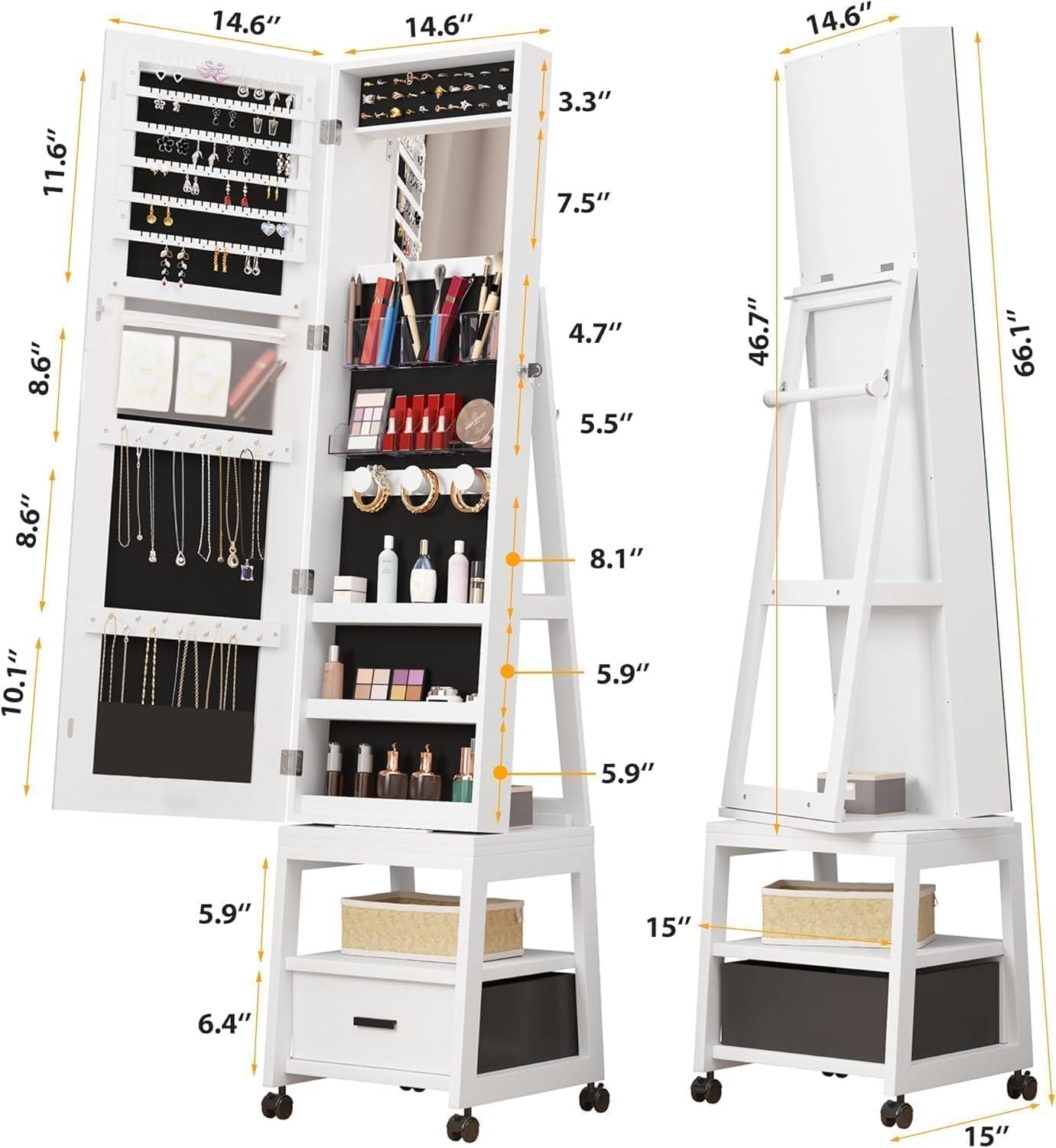 360°Swivel Jewelry Cabinet,Lockable Standing Jewelry Armoire with Mirror, Drawer and Wheels,Floor Dressing Mirror with Hidden Jewelry Storage for Bedroom, Dressing Room Clamshell