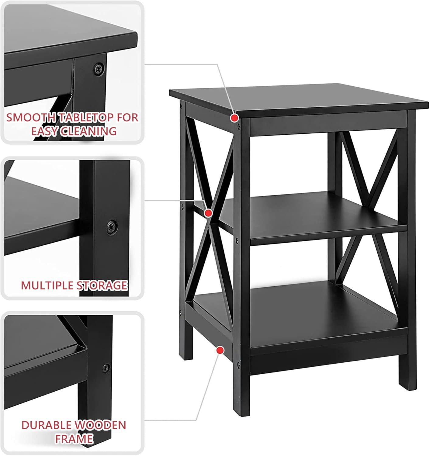 Nightstand Sofa Side Table End Table with 3-Tier Storage Shelf for Living Room, Bedroom, Office, Apartment, Easy Assembly, Black