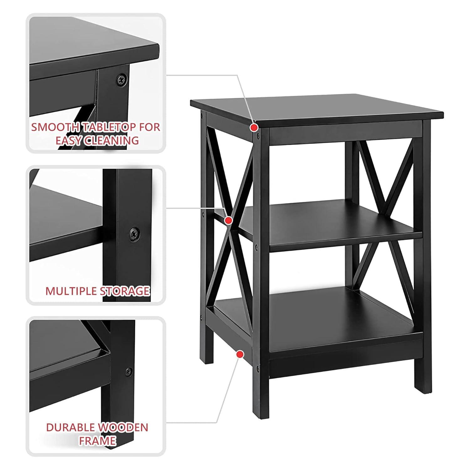 Nightstand Sofa Side Table End Table with 3-Tier Storage Shelf for Living Room, Bedroom, Office, Apartment, Easy Assembly, Black