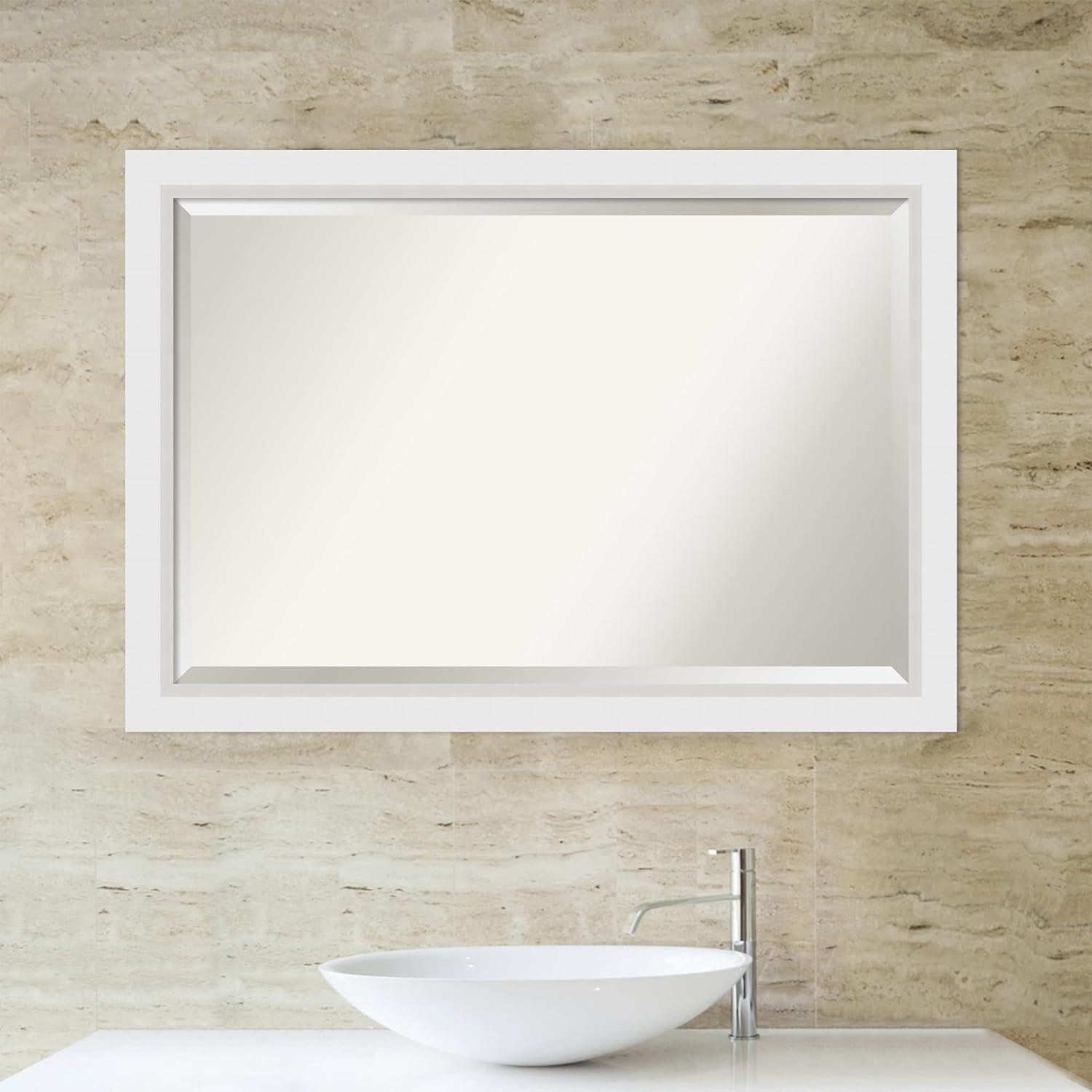 Amanti Art Beveled Wood Bathroom Wall Mirror - Craftsman White Frame Outer Size: 21 x 25 in
