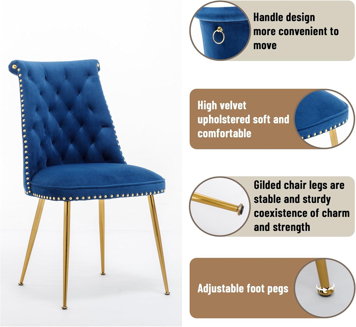 Velvet Upholstered Dining Chairs, Set of 2, Dining Room Tufted Chair, Modern Button Tufted Armless Chairs with Nailhead Trim and Back Ring Pull, Gold Legs, for Dining Room, Kitchen, Navy