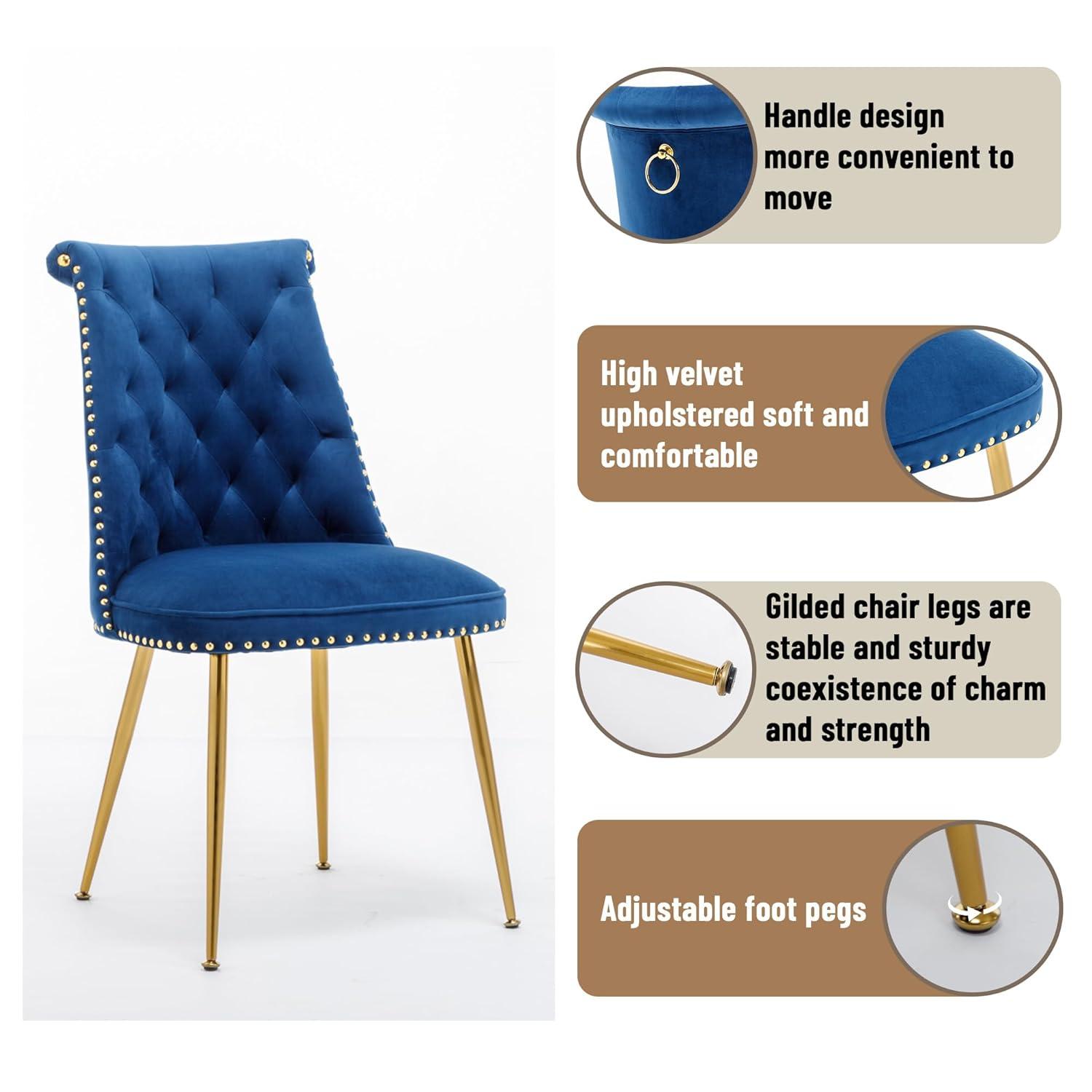 Velvet Upholstered Dining Chairs, Set of 2, Dining Room Tufted Chair, Modern Button Tufted Armless Chairs with Nailhead Trim and Back Ring Pull, Gold Legs, for Dining Room, Kitchen, Navy