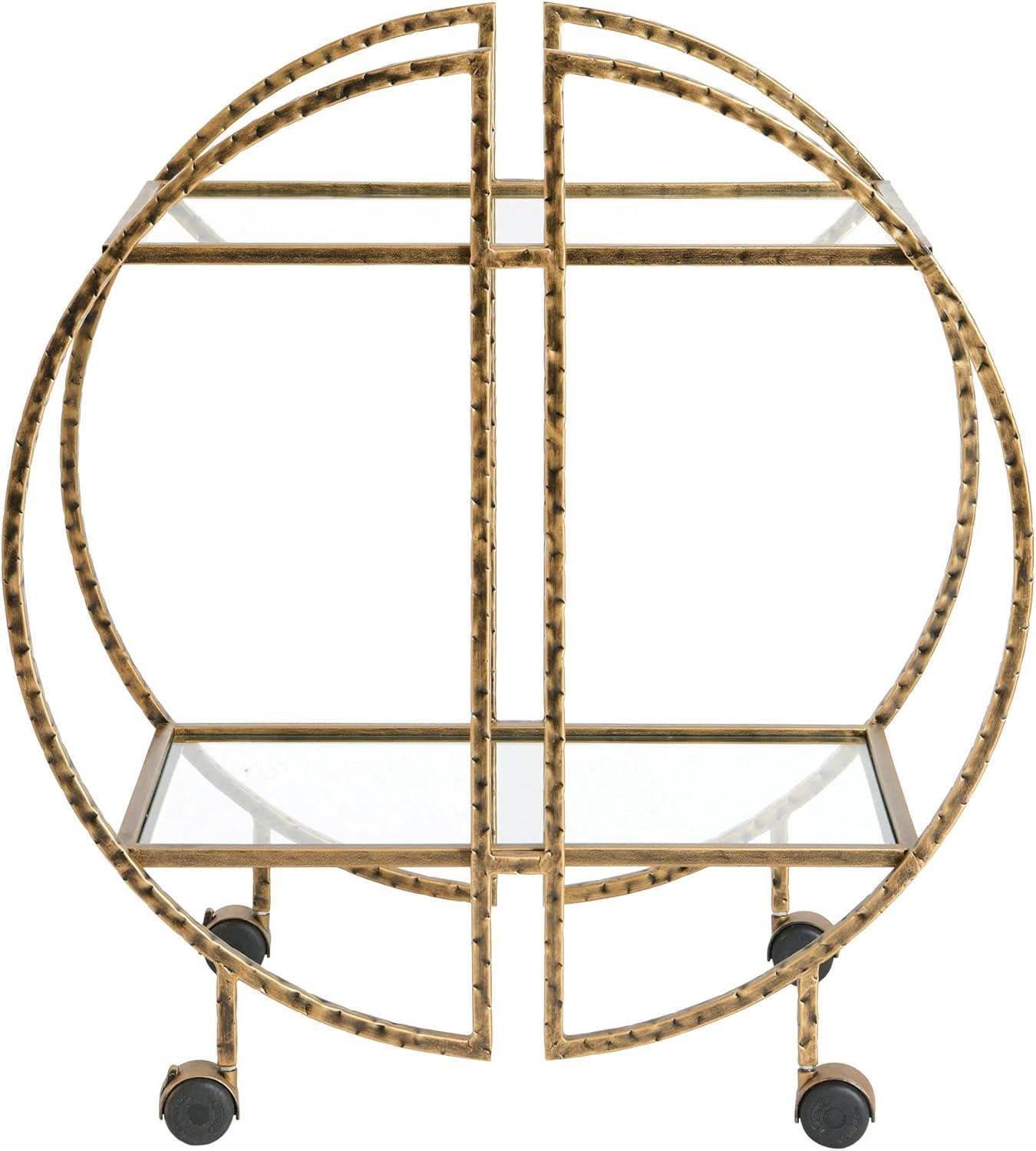 Ember Interiors Modern Round Hammered Brass Bar Cart with Wheels
