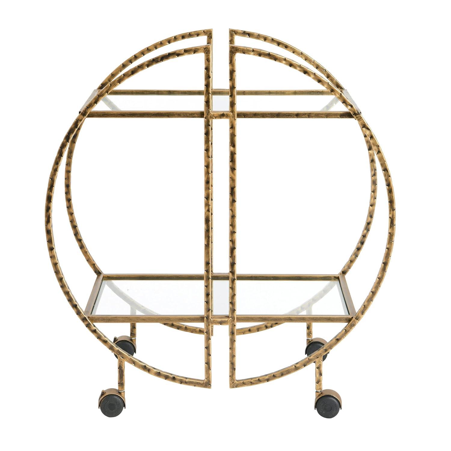 Ember Interiors Modern Round Hammered Brass Bar Cart with Wheels