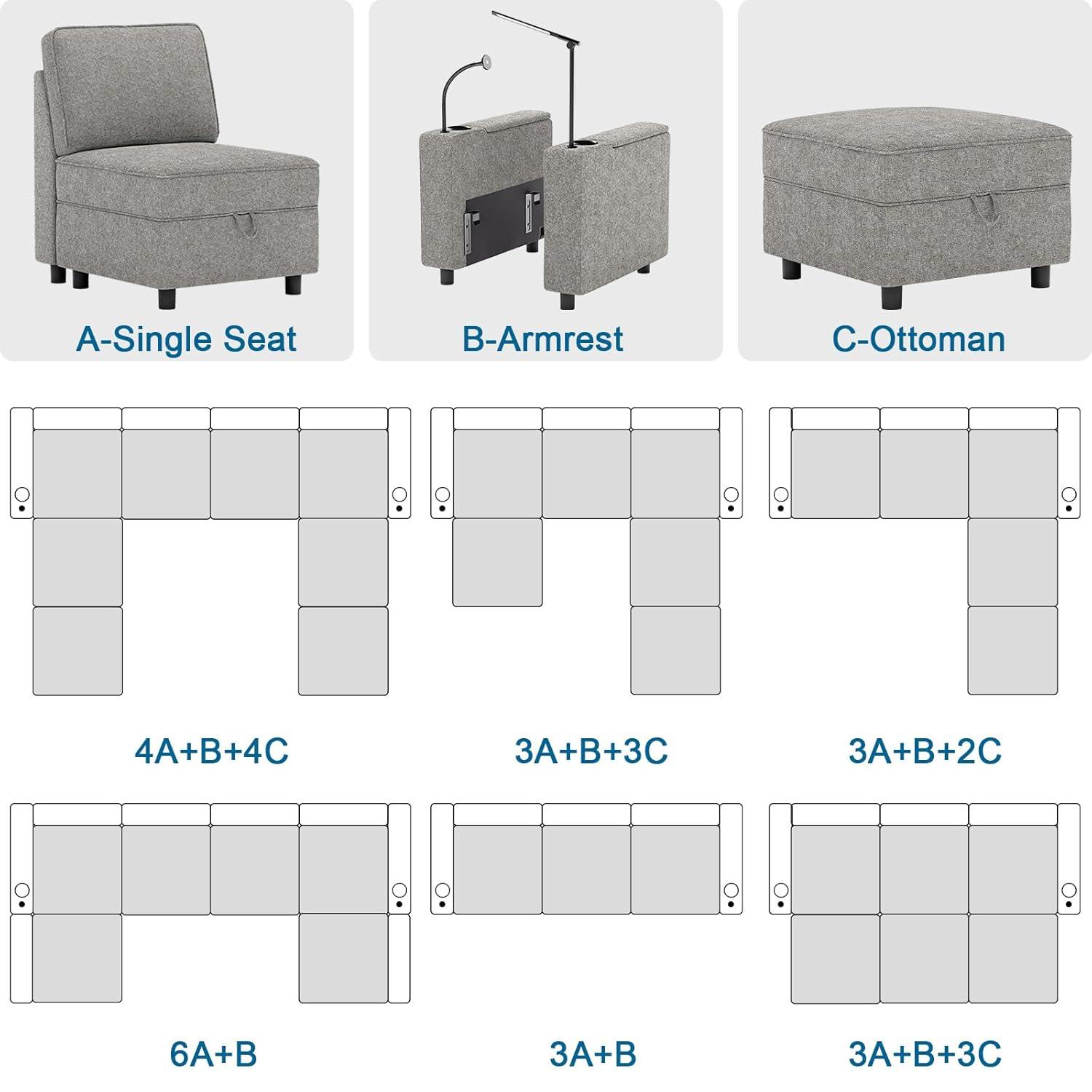 Ottoman Module for Modular Sectional Sofa, Storage Ottoman Footrest and Seat Cube for Living Room,Grey
