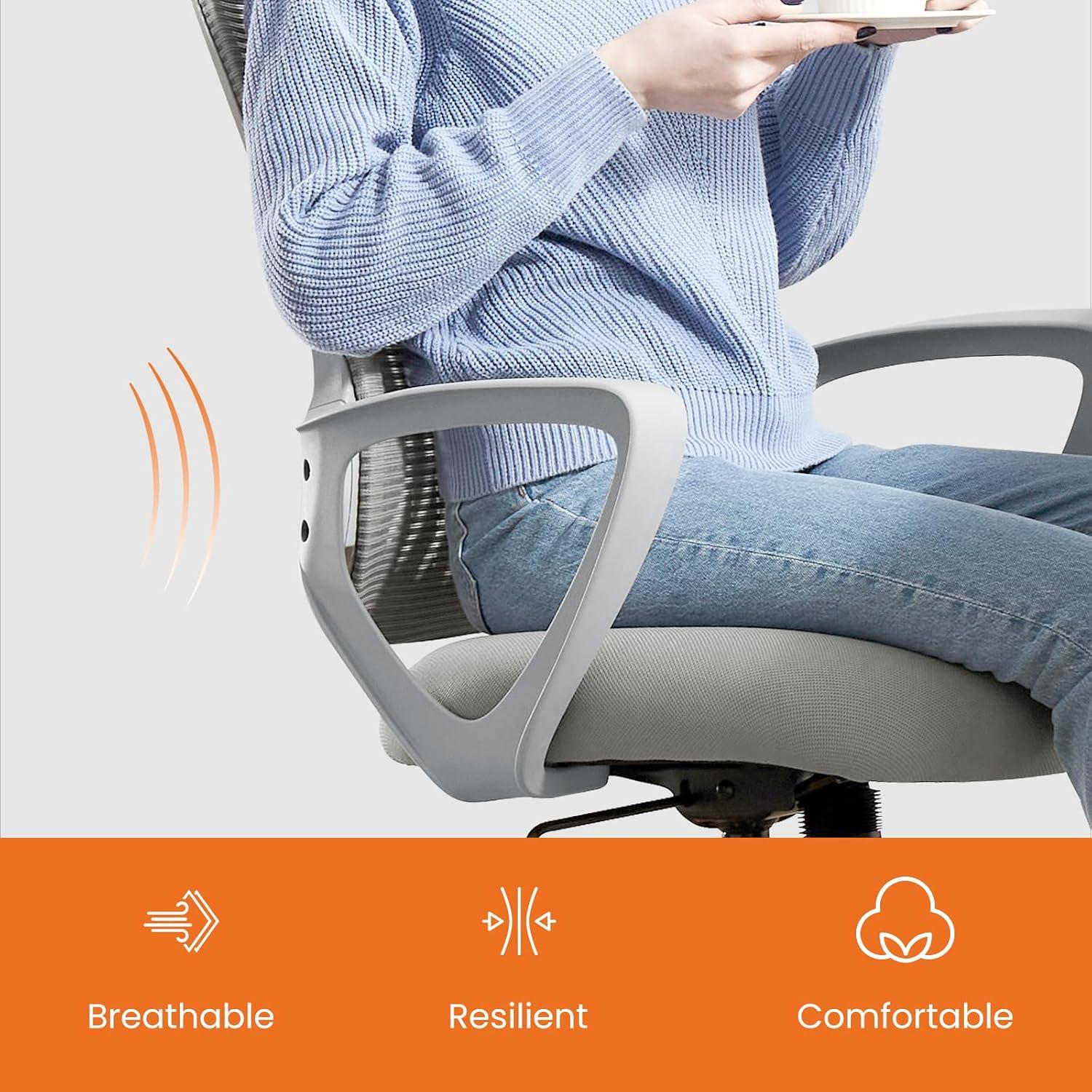 Sweetcrispy Office Computer Desk Managerial Executive Chair, Ergonomic Mid-Back Mesh Rolling Work Swivel Chairs with Wheels, Comfortable Lumbar Support, Comfy Arms for Home,Bedroom,Study,Student,Grey