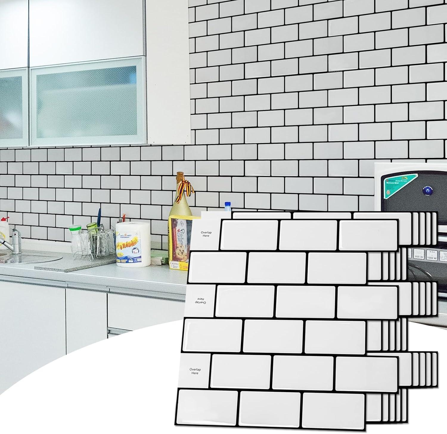 Art3d Peel and Stick Backsplash Tile, 10-Sheet Stick on Subway Tiles for Kitchem, Bathroom Back Splashes, 12"x12", Warm White with Black Grout