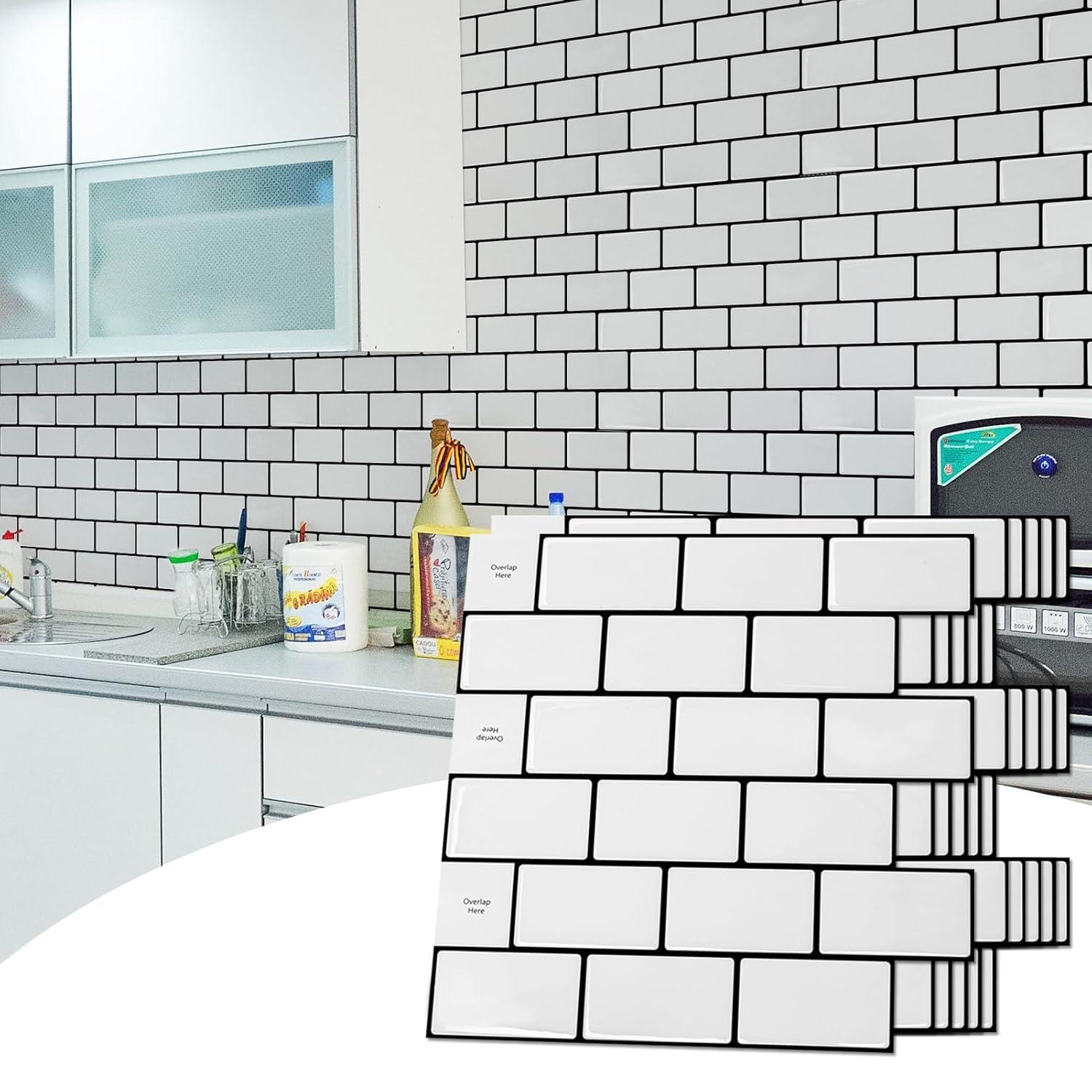 Art3d Peel and Stick Backsplash Tile, 10-Sheet Stick on Subway Tiles for Kitchem, Bathroom Back Splashes, 12"x12", Warm White with Black Grout