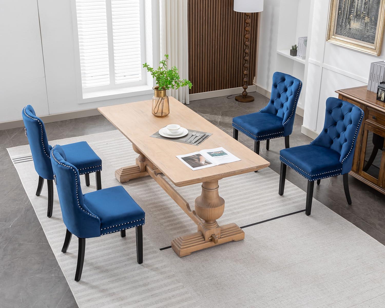 ODUSE-DAILY Velvet Dining Chairs Set of 4, Navy Kitchen & Dining Room Chairs, Tufted Dining Chairs, Fabric Upholstered, Solid Wood, Sillas De Comedor (Blue, 4 Pcs)